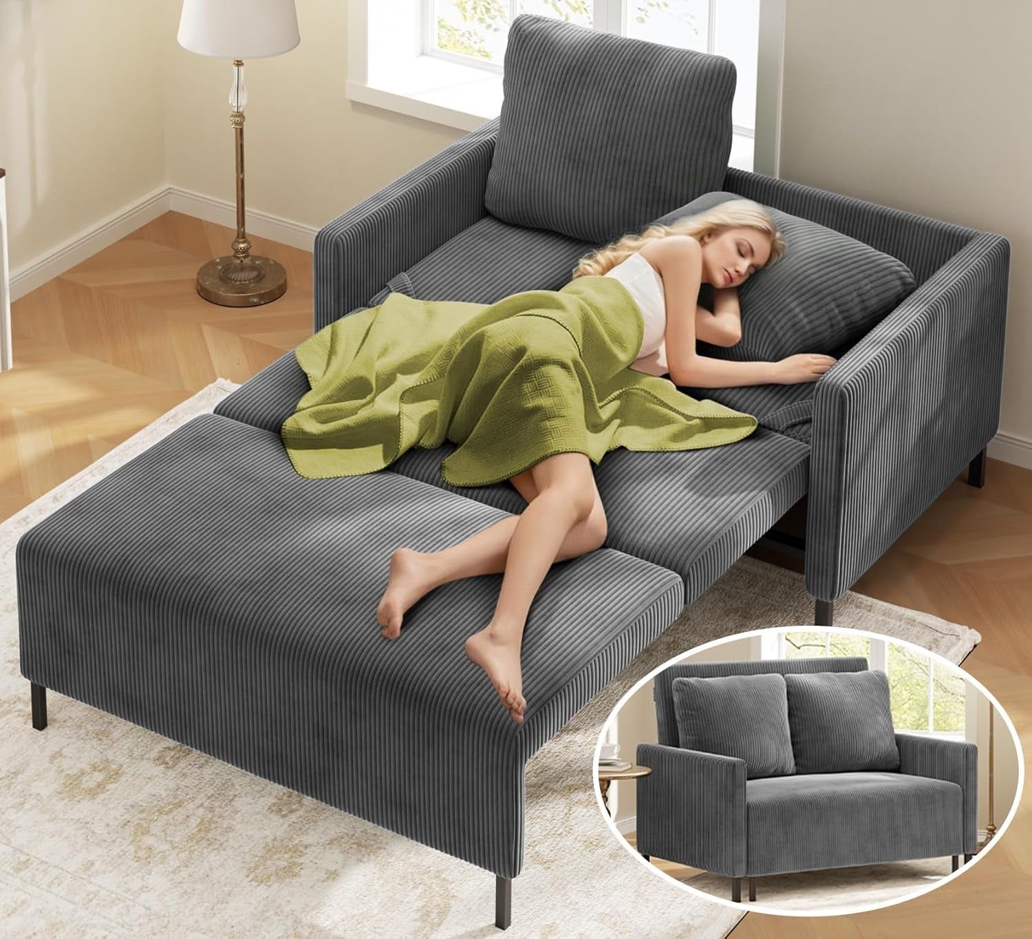 Cozy Corduroy Convertible Sofa Bed With Fluffy Pillows