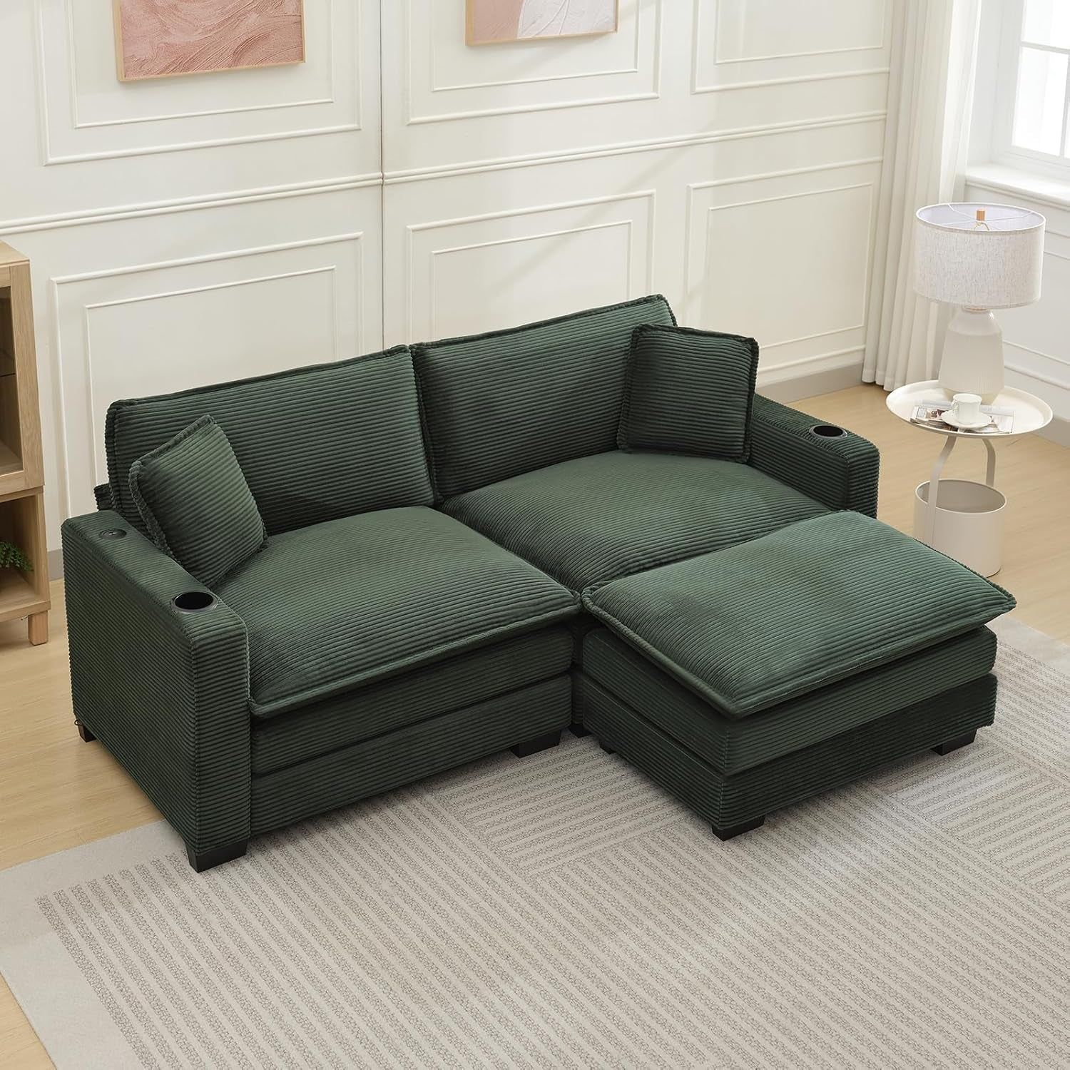 Oversized Corduroy Sectional Couch with USB and Cup Holders