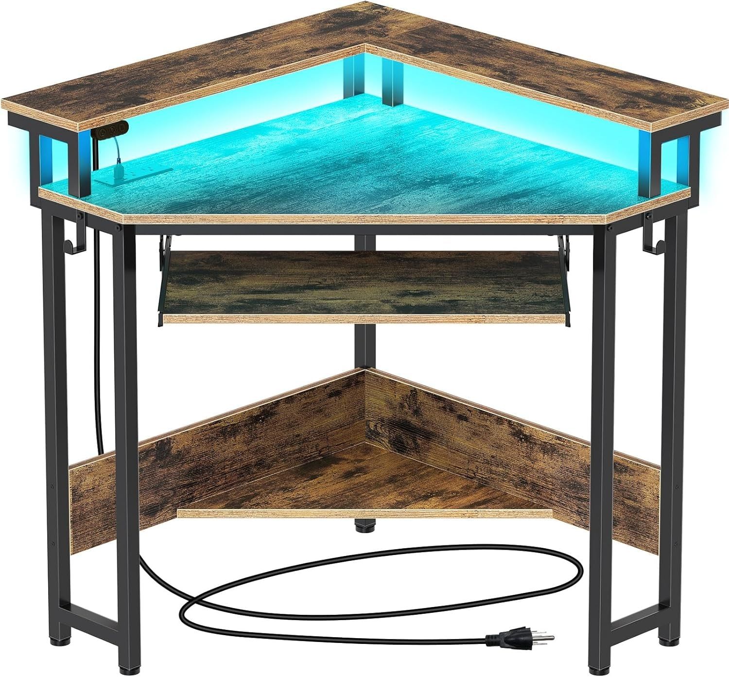 Corner Desk, 44.5&quot; W X 34.5&quot; H Small Computer Desk with Power Outlets, Gaming Desk with LED Lights, Triangle Corner Desk with Keyboard Tray &amp; Monitor Stand for Small Space, Rustic Brown