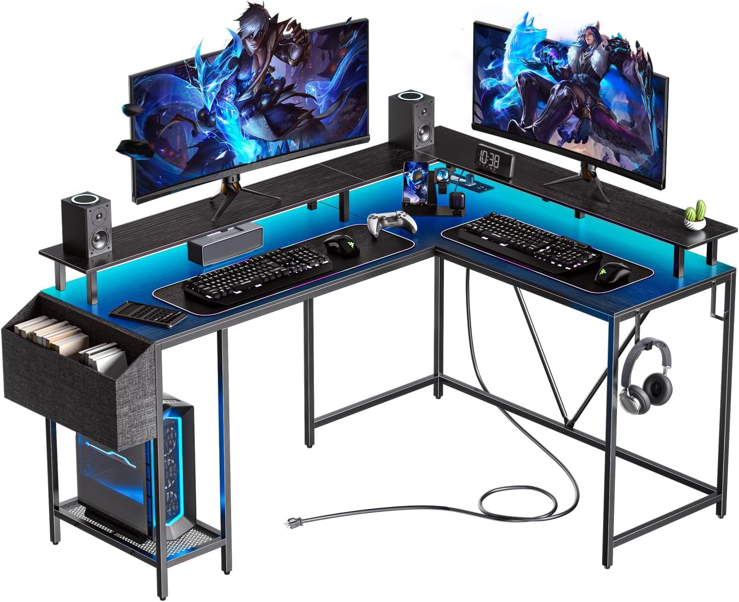 53Inch L Shaped Desk,L Shaped Gaming Desk with Power Outlets &amp; LED Lights, Computer Desk with Monitor Stand &amp; Storage Bag, Home Office Desk Corner Desk with Hooks, Easy to Assemble, Black