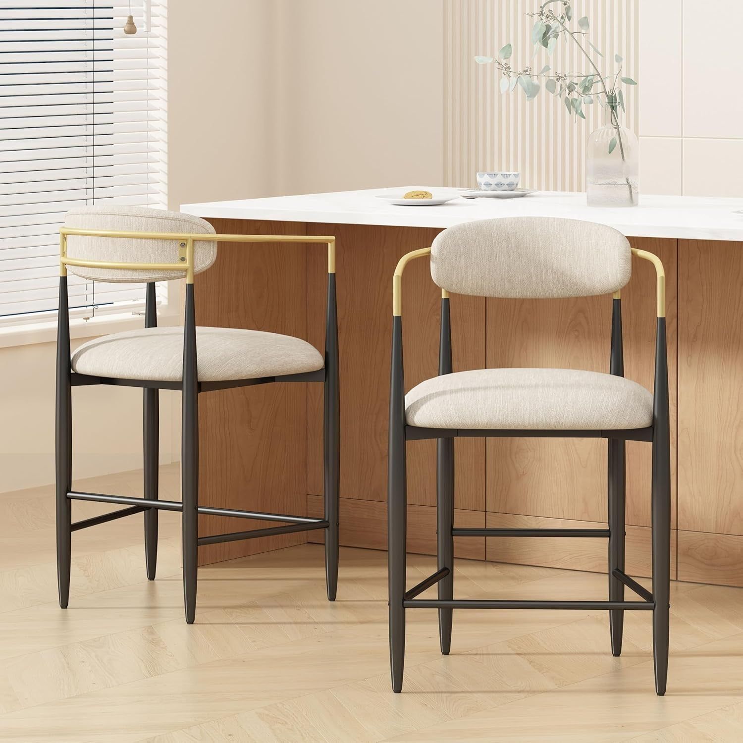 Niame Set of 2 Counter Stools with Upholstered Seats, 25&#39;&#39;H Counter Height Barstools, Barchairs Kitchen Stools, Fabric Bar Seating with Iron Frame, Gold Accents, Beige
