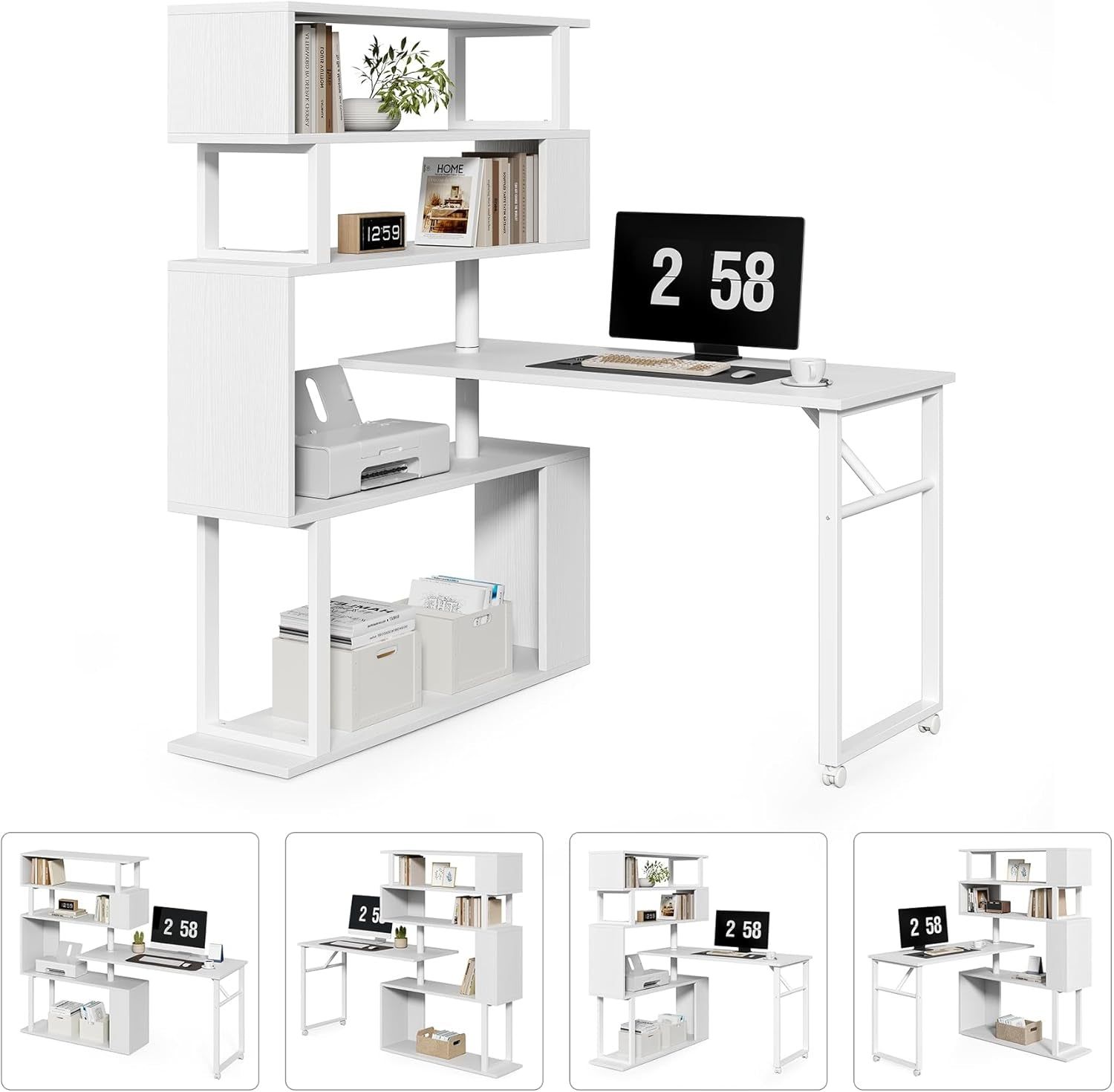 White Rotating L Shaped Desk with Bookshelf Storage
