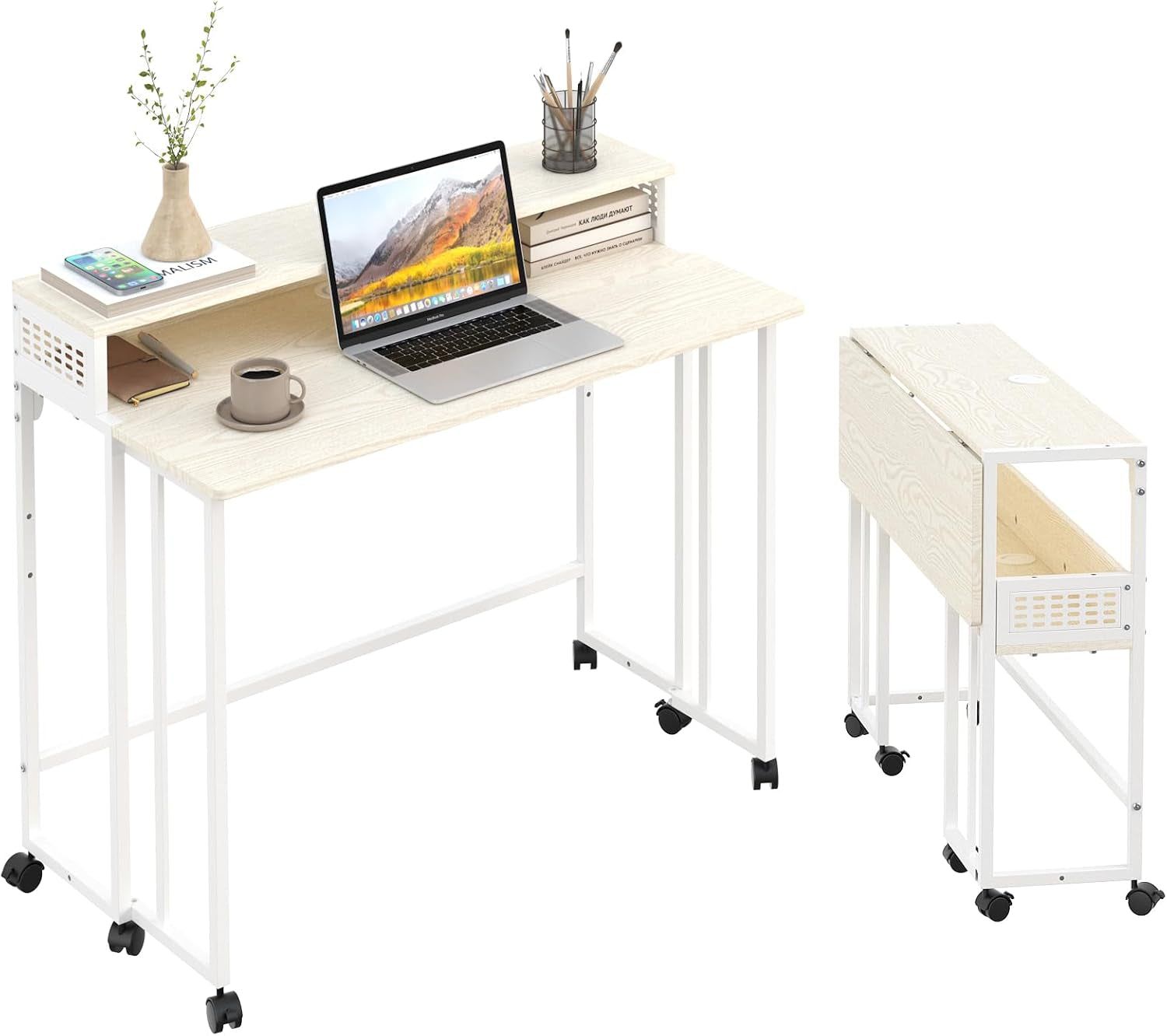 Folding Desk with Wheels and Storage for Small Spaces