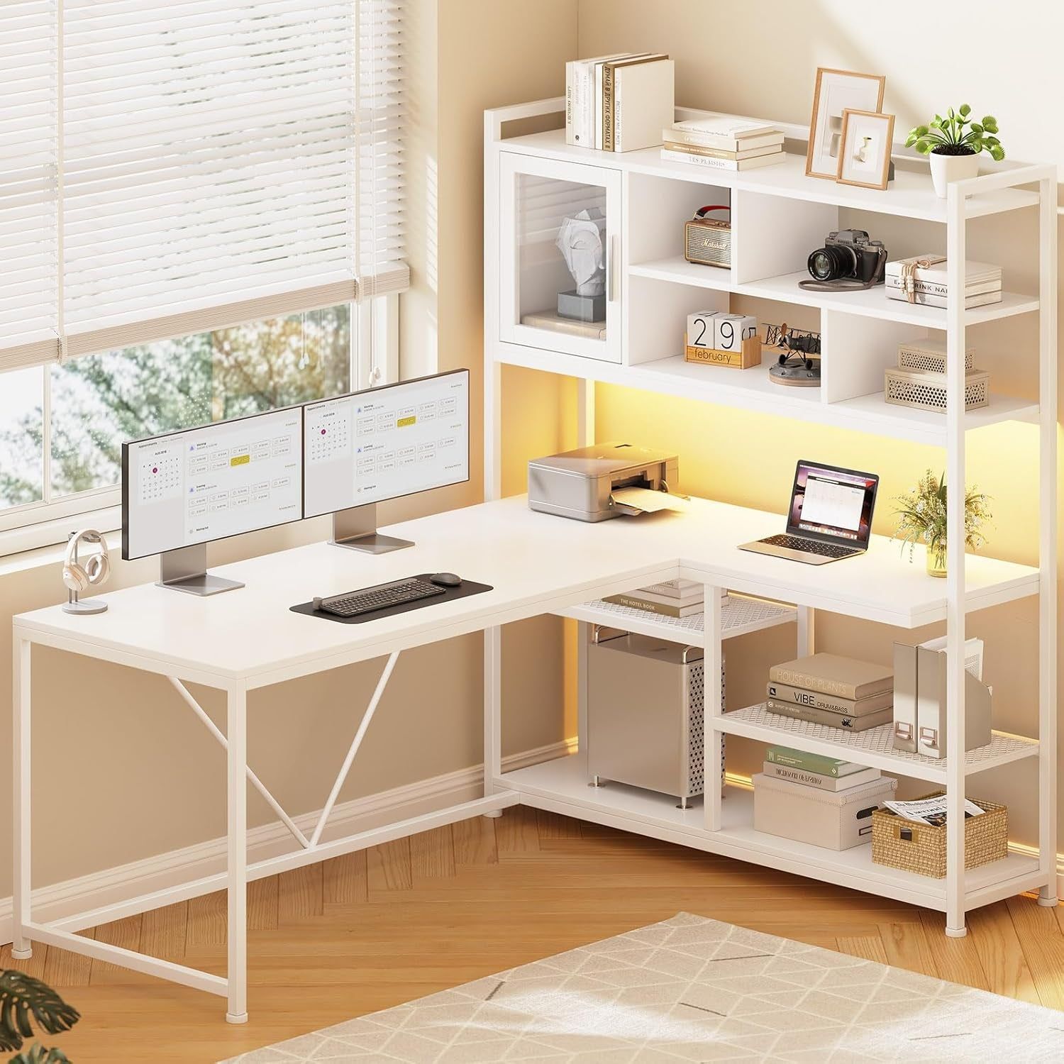 L Shaped Computer Desk, 58&#39;&#39; Office Desk with LED Light and Bookshelf, L Shaped Corner Desk with Storage Shelves for Home Office, Gaming Desk, L Desk, White
