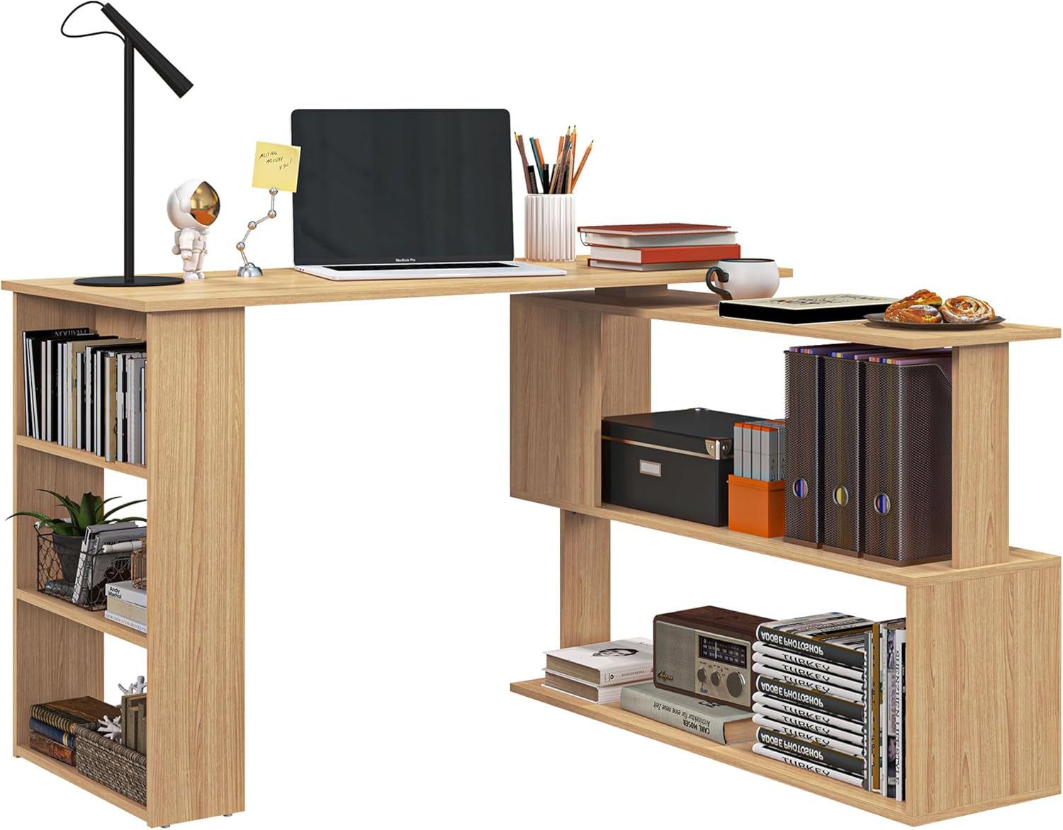 L Shaped Corner Desk, 360 Degree Rotating Home Office Desk with Storage Shelves, Writing Table Workstation, Maple