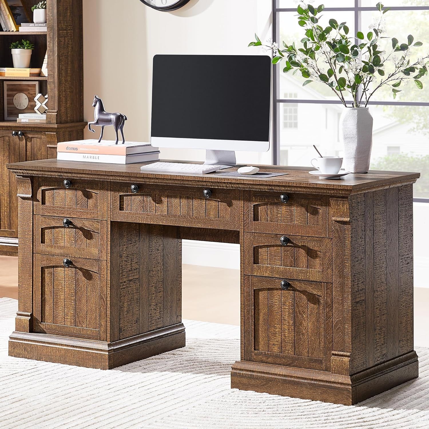 60&quot; Executive Desk with Drawers, Farmhouse Home Office Desk with Charging Station, Keyboard Tray, File Cabinet Storage, Wood Computer Desk for Work and Study, Reclaimed Barnwood