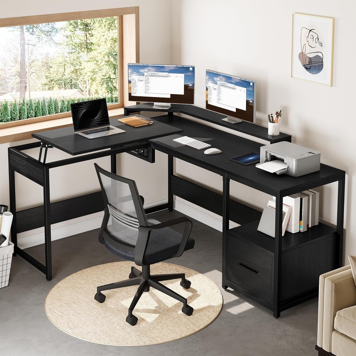 L Shaped Adjustable Standing Desk with File Drawer