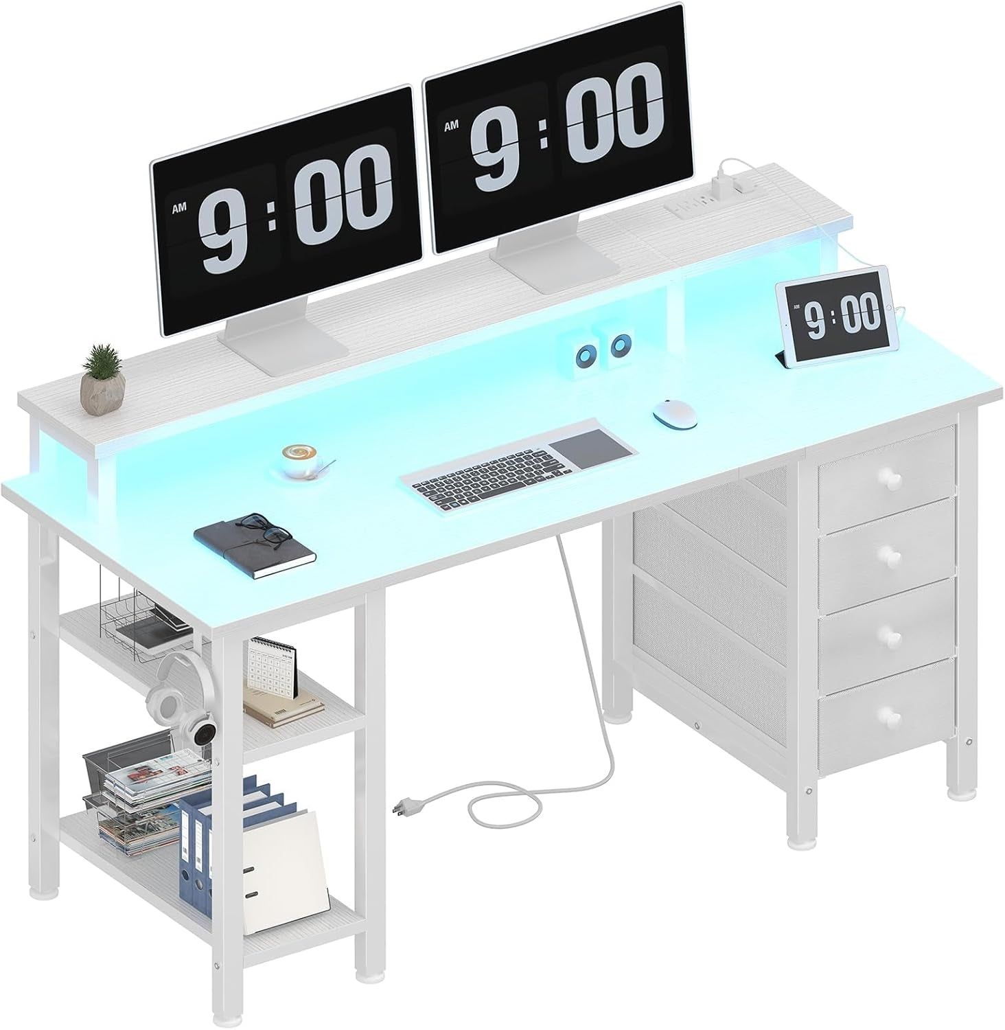 White Desk with Monitor Stand LED Lights and Power Outlets, 47 Inch Home Office Desk, Computer Gaming Desk with Fabric Drawers and Storage Shelves, White