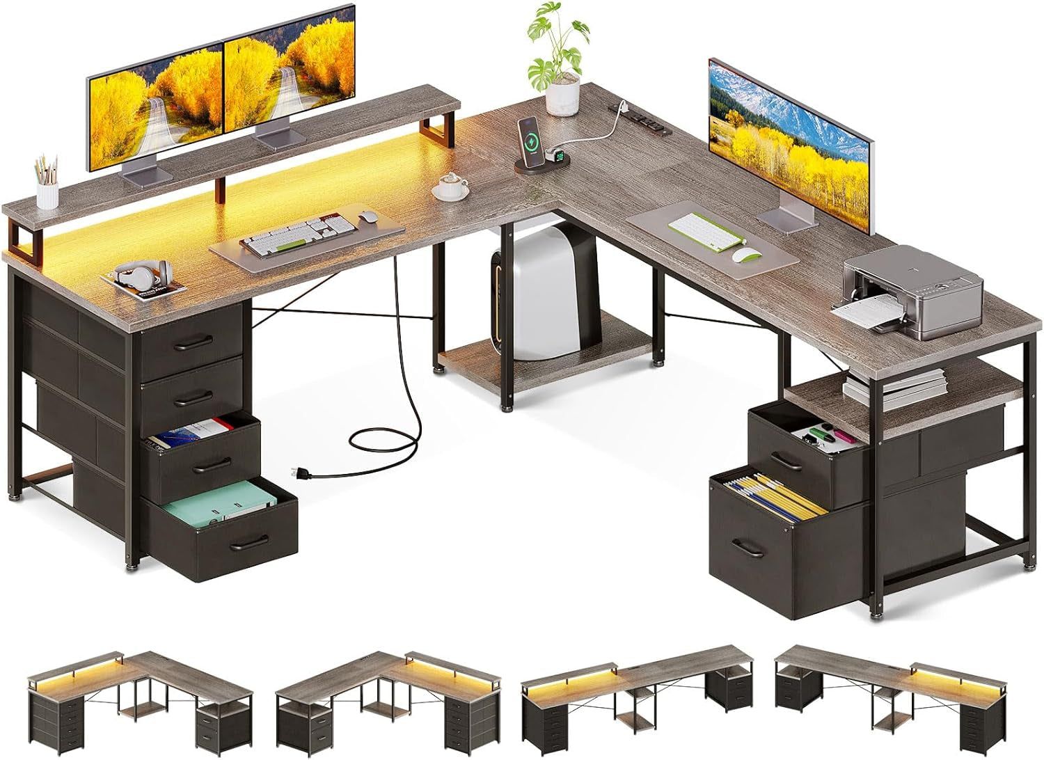 L Shaped Computer Desk with File Cabinet and LED Light