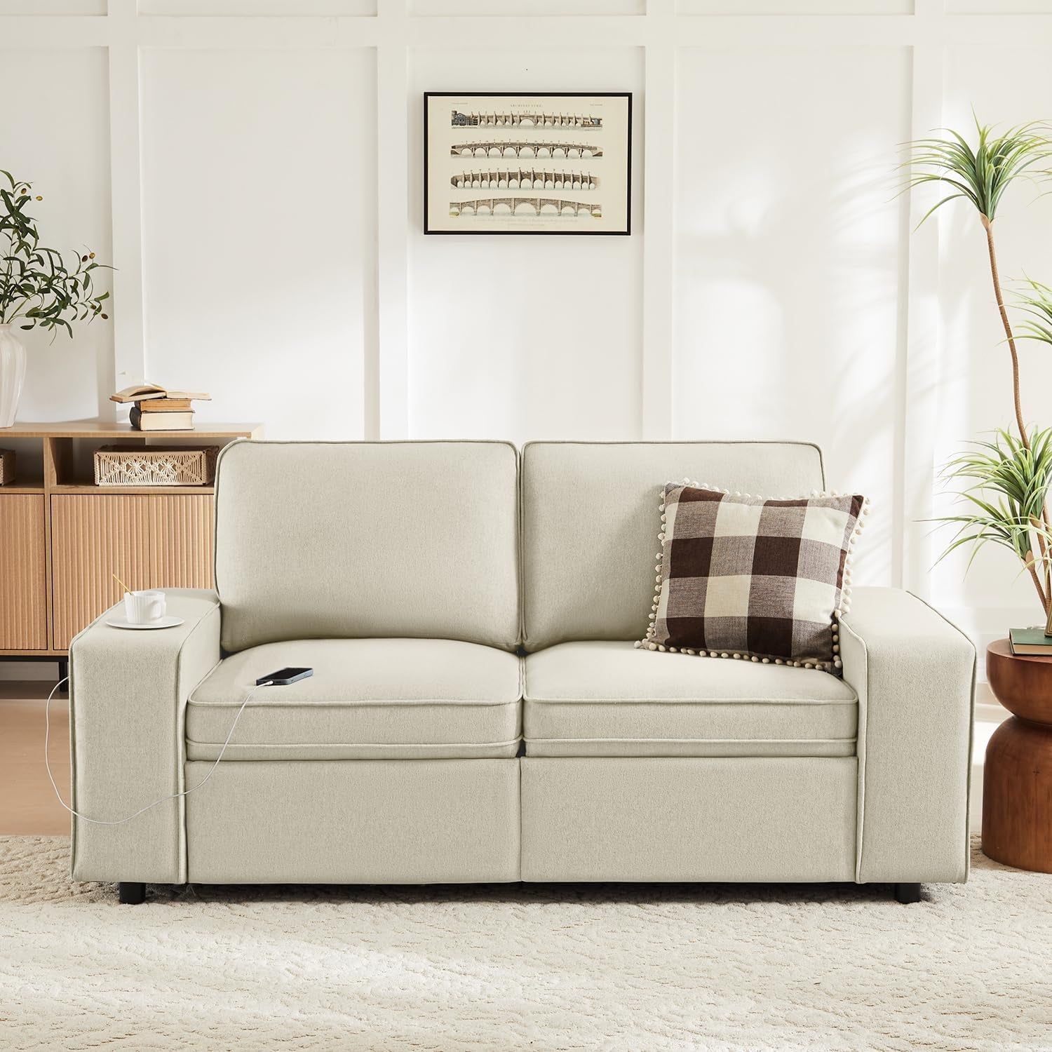 Modern Beige 2-Seater Sofa with Storage and USB Ports