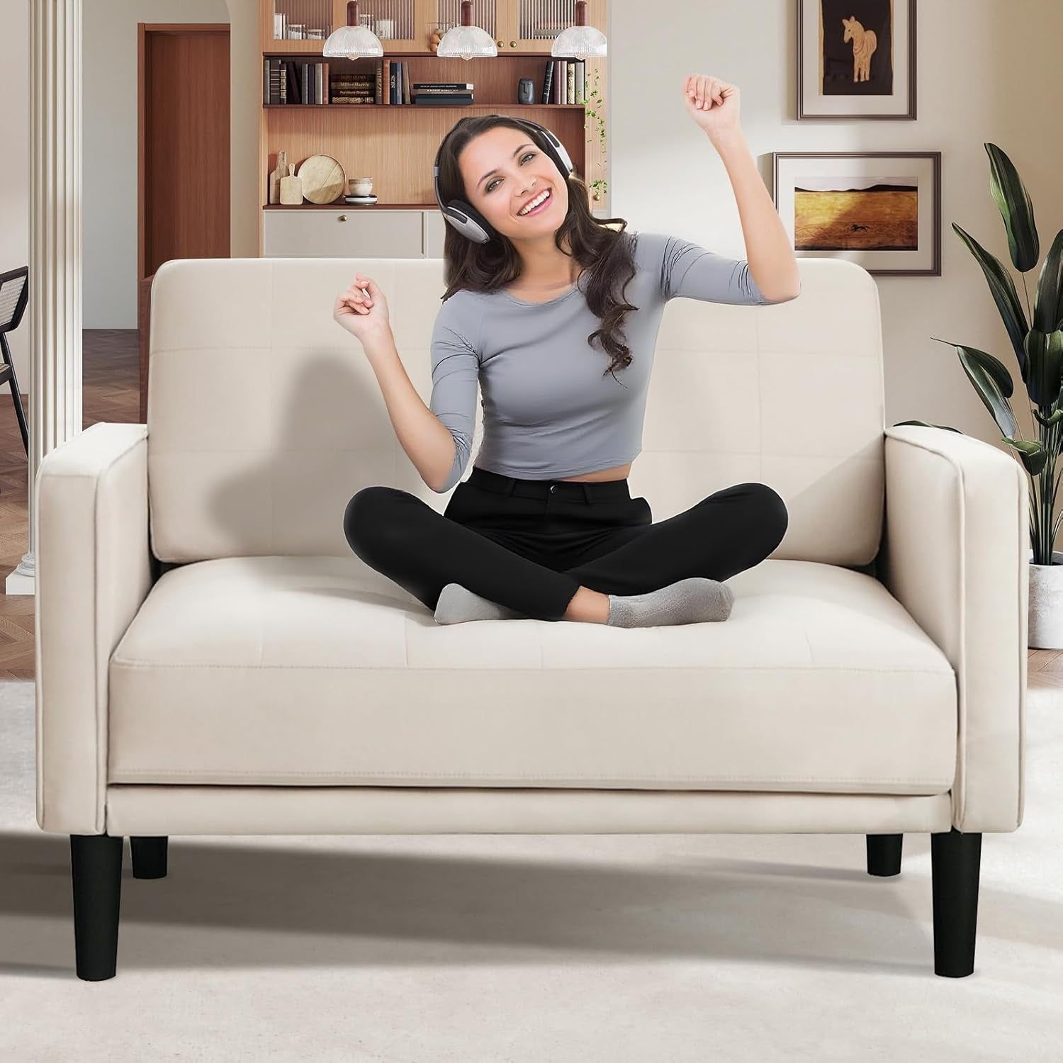Beige Comfy Loveseat Sofa Ideal For Small Spaces