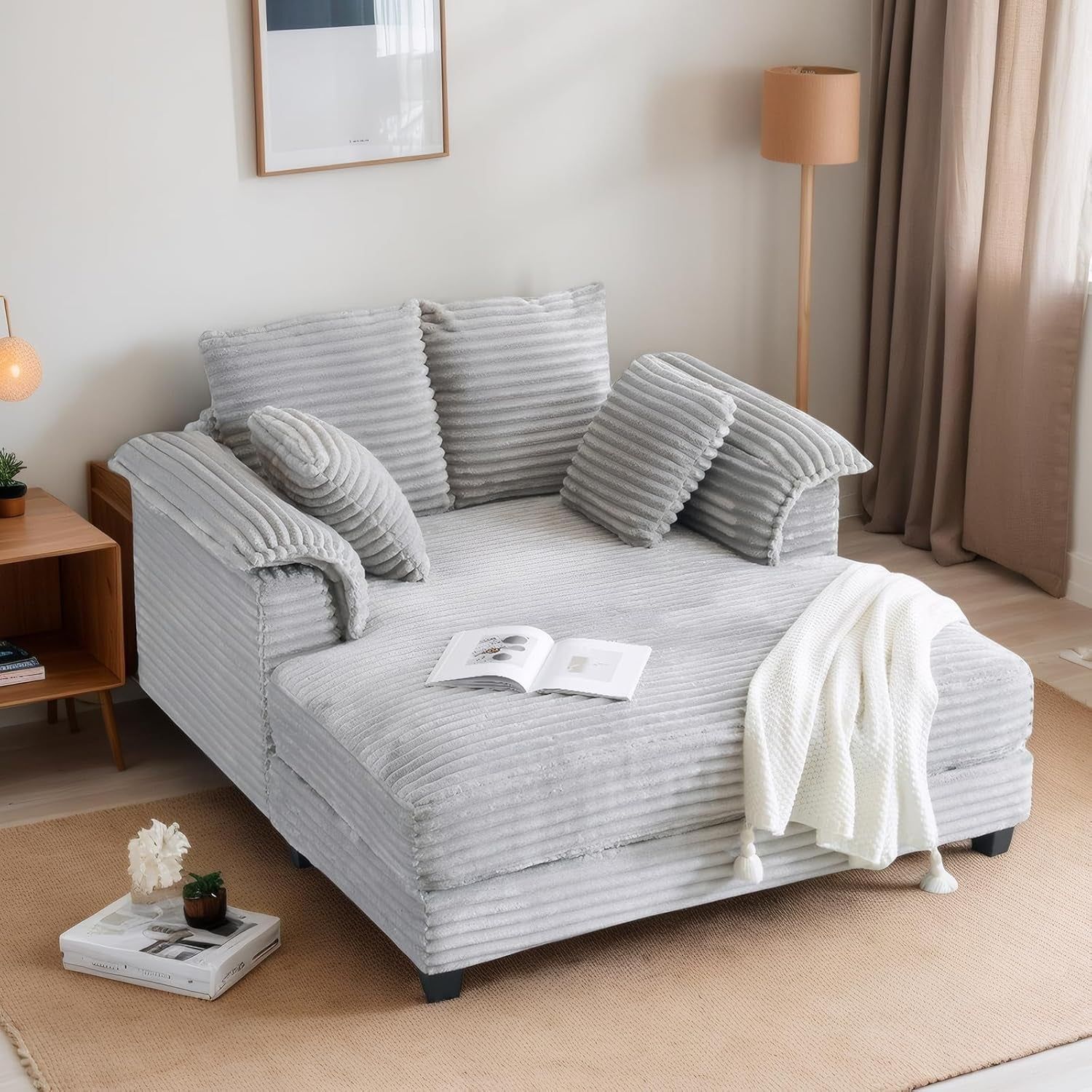 Oversized Light Grey Chaise Lounge Chair with Pillows