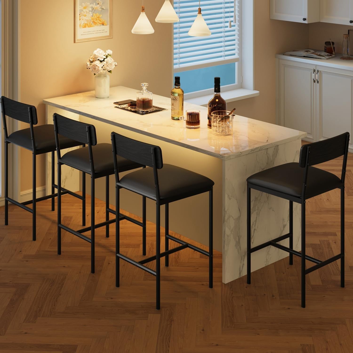 Bar Stools Set of 4, Kitchen Bar Stools with Footrest, 25.5 Inches Upholstered Barstools with Back, 4 Counter Height Bar Chairs for Counter Bar, Island, Easy Assembly, Rustic Black