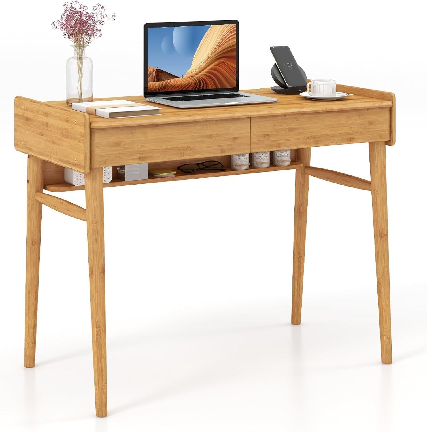 Bamboo Computer Desk with Drawers and Open Shelf