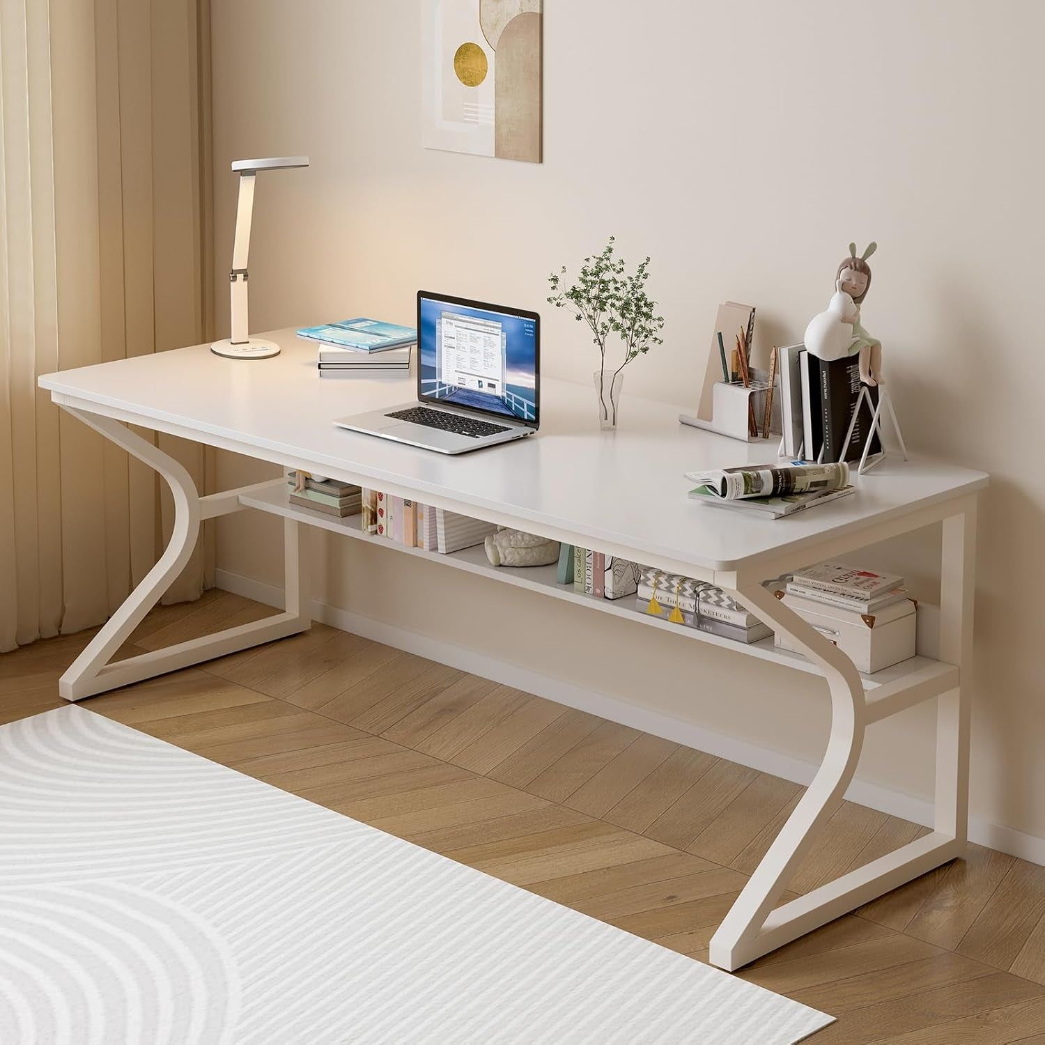 Extra Long Desk with Bookshelf - 63&quot; Double Long Writing Table for 2-Person Workstation, Modern Study Work Computer Desk for Home and Office, Warm White