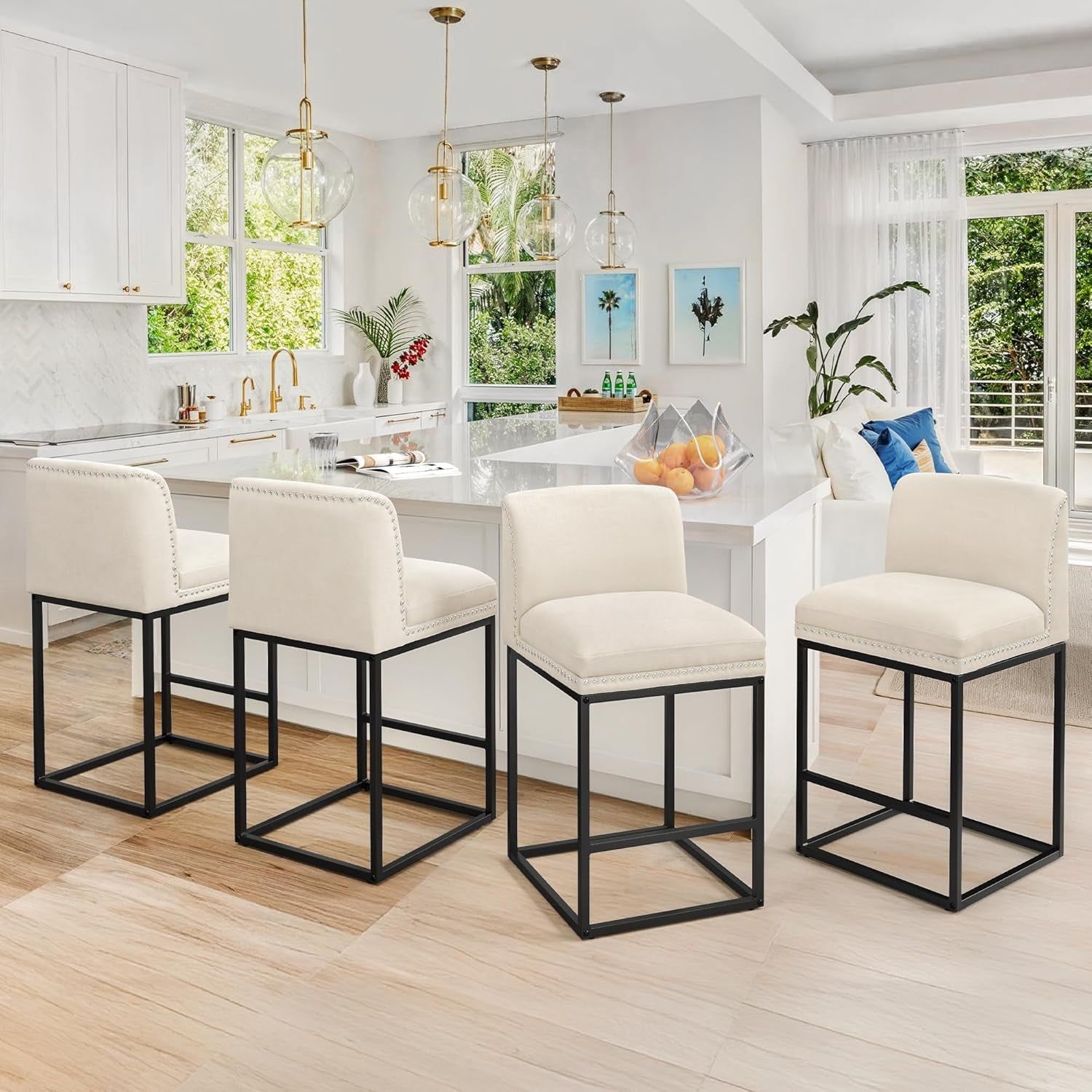 26&quot; Bar Stools Set of 4, Champagne Chenille Barstools with 5.5&quot; H Thickened Cushion, Modern Counter Height Bar Stools for Kitchen Island