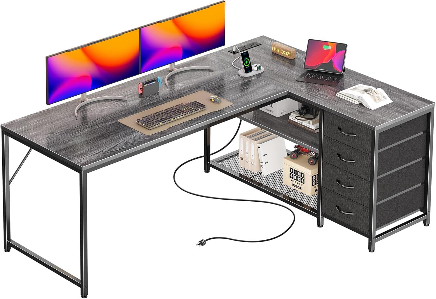 61&quot; L Shaped Desk with Power Outlets and USB-C Port, Reversible Computer Corner Office Desk with 4 Fabric Drawers and 2 Height-Adjustable Shelves, Large for Gaming Writing Work Study, Grey