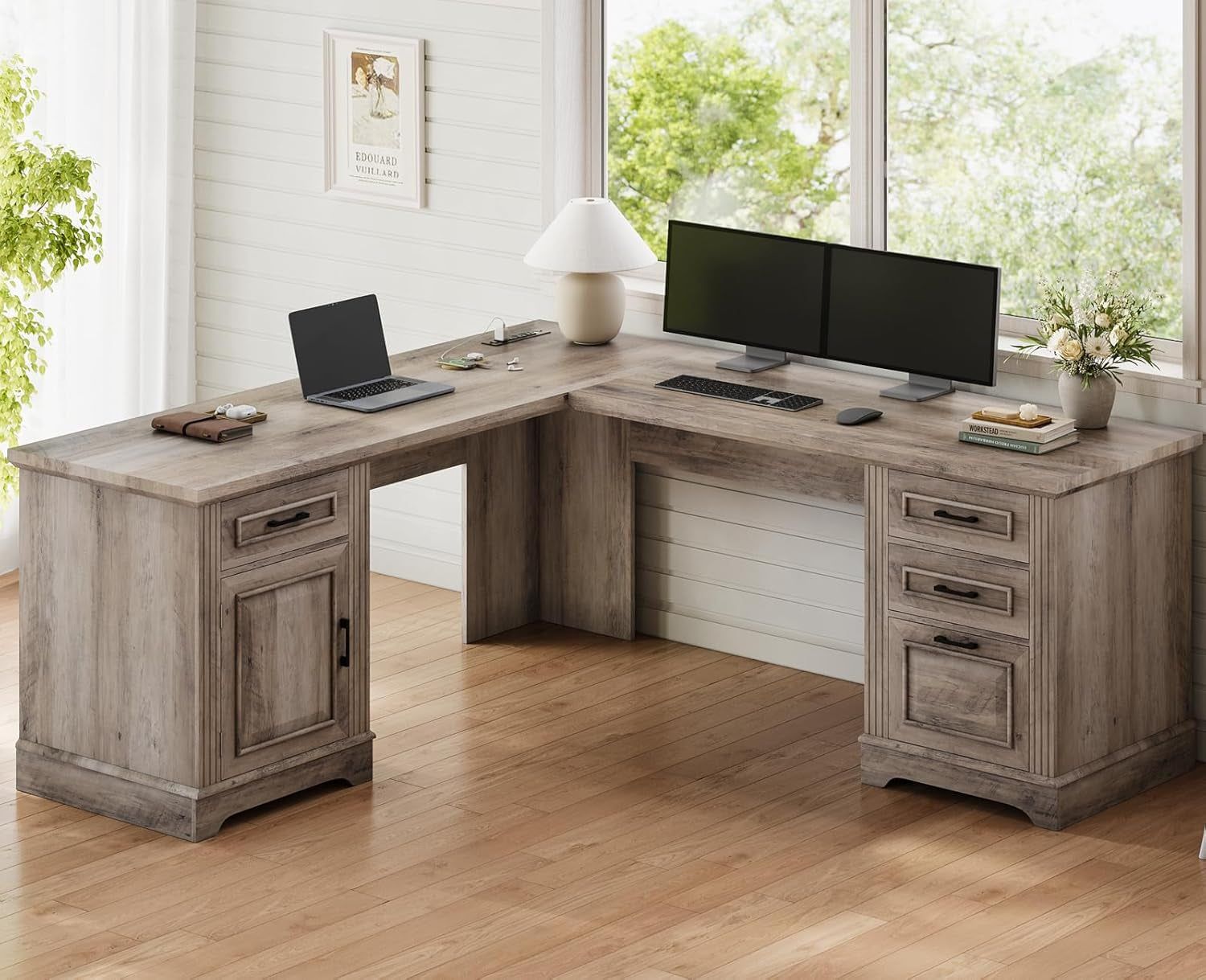 Farmhouse L Shaped Desk, Executive Computer Desk with Drawers and Storage Cabinet, Home Office Desk with File Drawer and Power Outlet, Corner Desk, Workstation for Office Home, Grey