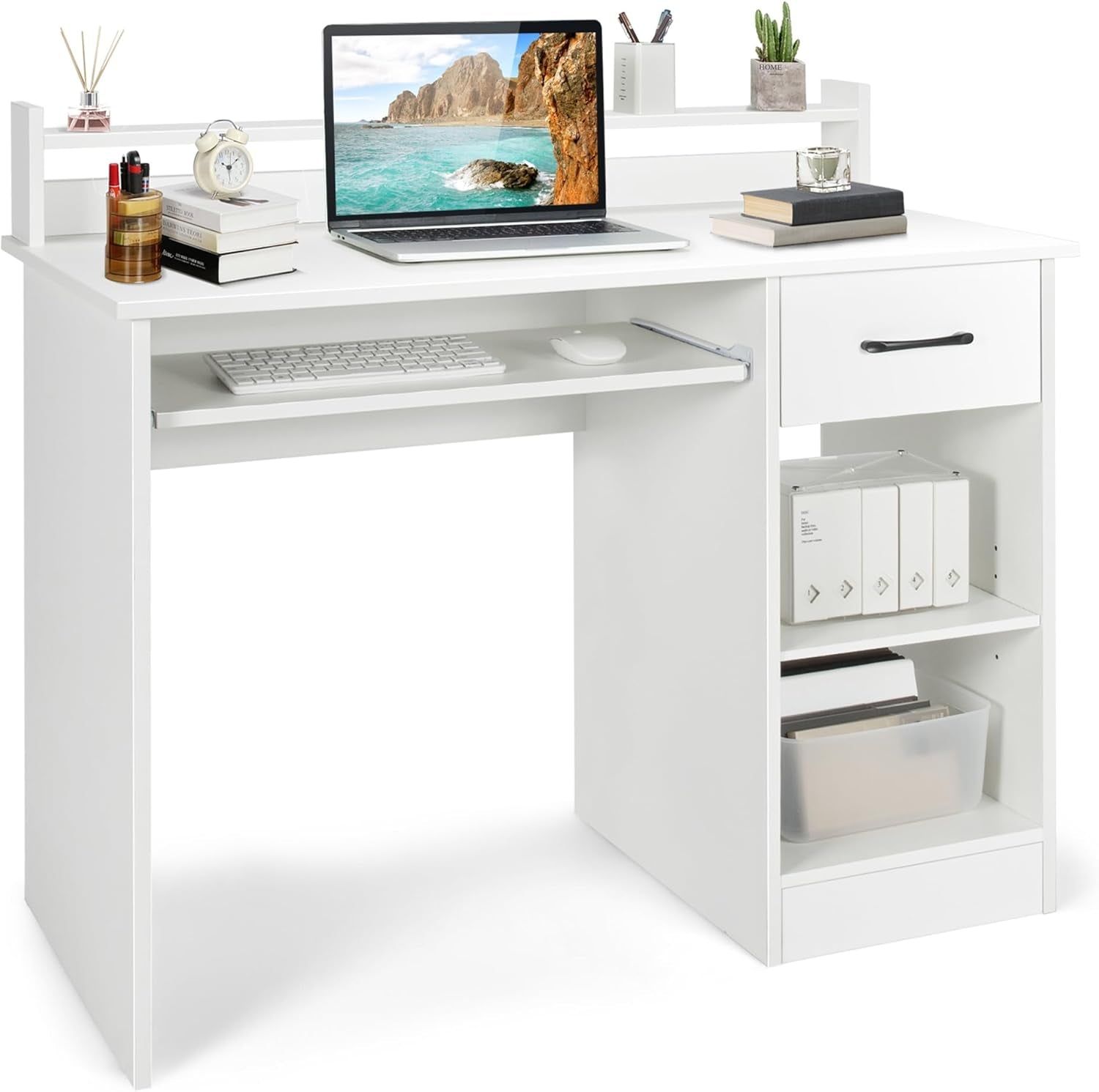 Modern White Desk with Drawer and Keyboard Tray