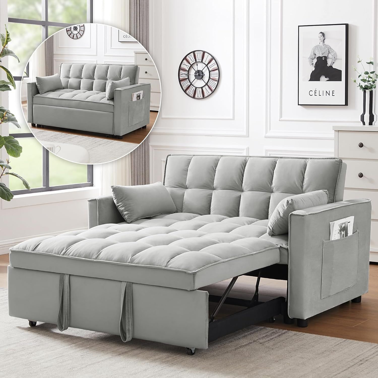 Three In One Convertible Velvet Sleeper Sofa Bed