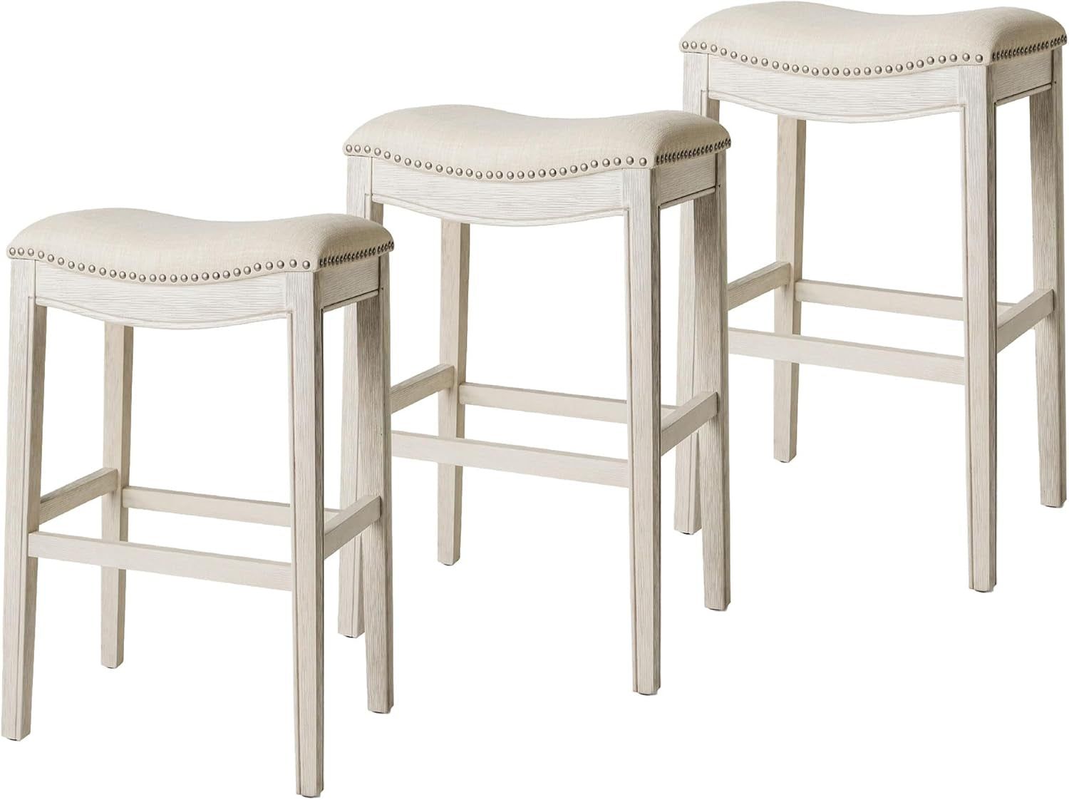 Adrien 31&quot; Wood Barstool - Handcrafted White Oak Finish with Natural Fabric Upholstered Saddle Seat for Comfort - Durable Backless Barstool for Kitchens, Dining Rooms, Pub, Set of 3