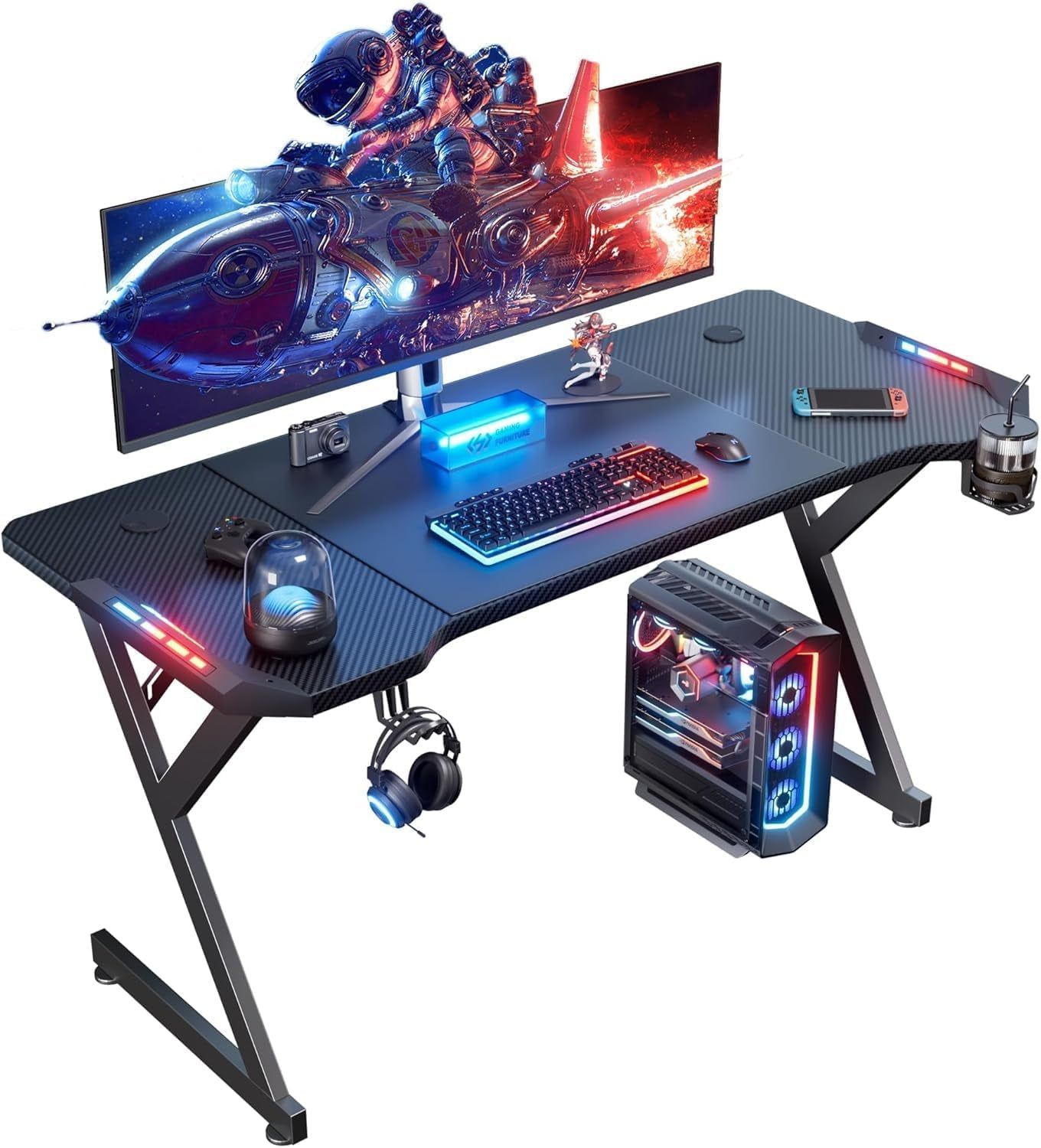 63 INCH Gaming Desk with LED Lights, Home Office Gamer Desk, Ergonomic Computer Table with Large Carbon Fiber Desktop, Office Workstation with Mouse Pad, Cup Holder &amp; Headphone Hook, Black