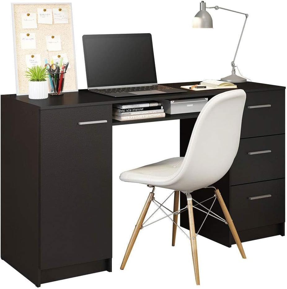 Modern Black Computer Desk with Storage Drawers and Shelf