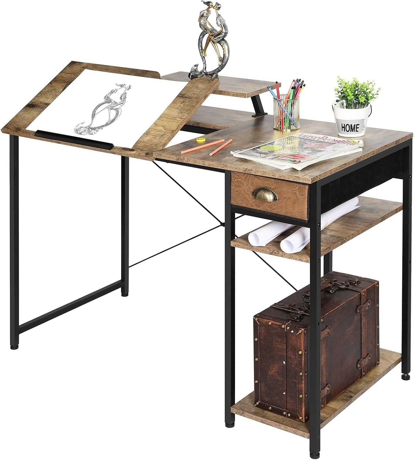 Adjustable Drafting Table with Storage Shelves and Drawer