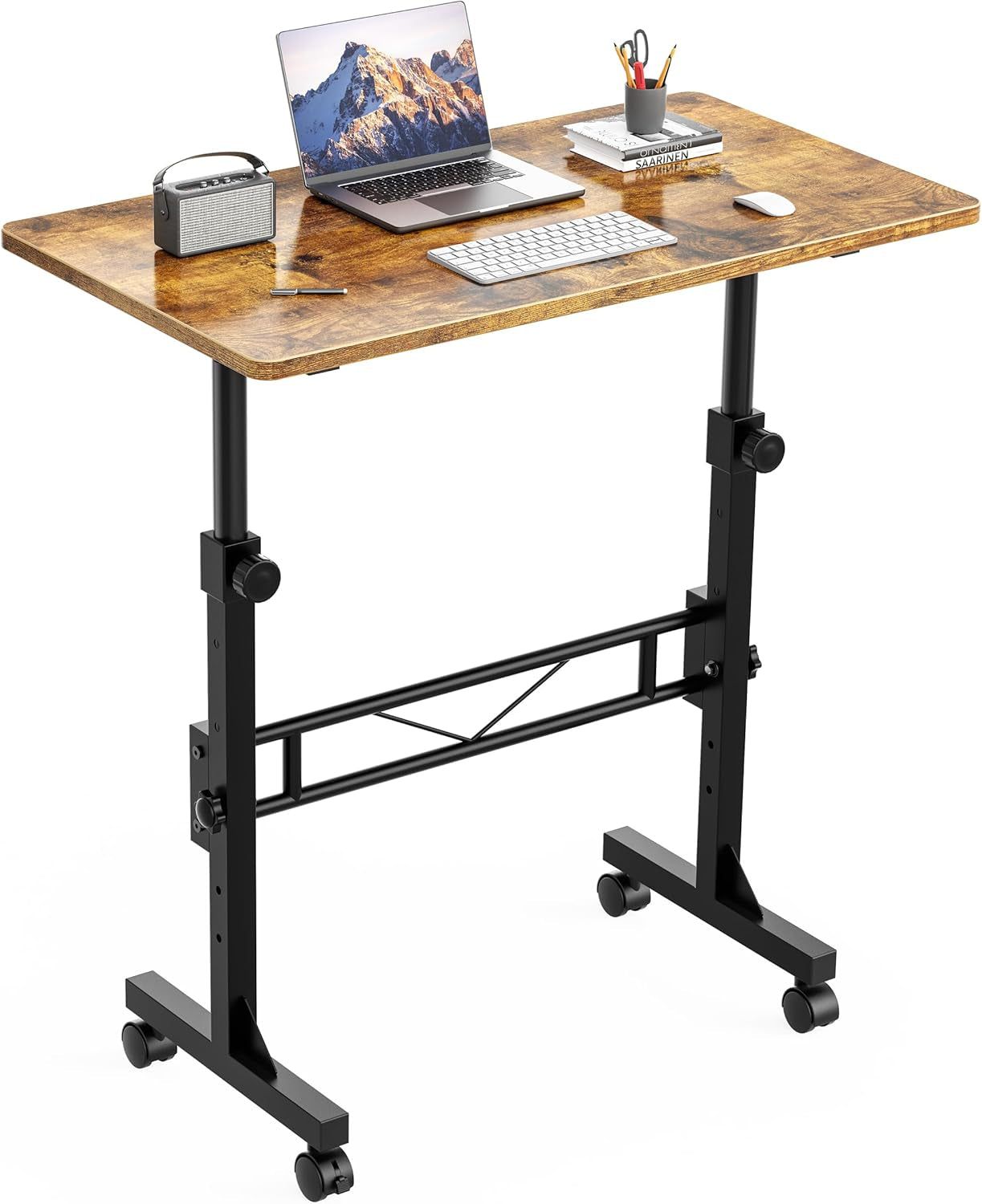 Standing Desk, 32 Inch Portable Small Desk Adjustable Height, Rolling Home Office Desks with Wheels, Sit Stand Desk for Bedroom Walking Pad Home Office Small Space, Rustic
