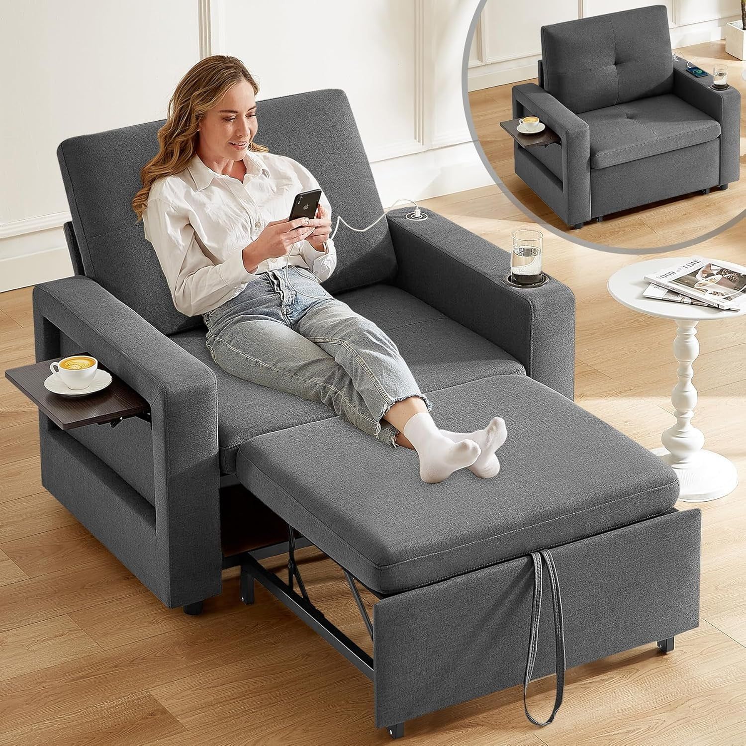 3 In 1 Sleeper Sofa Chair Bed With USB Ports