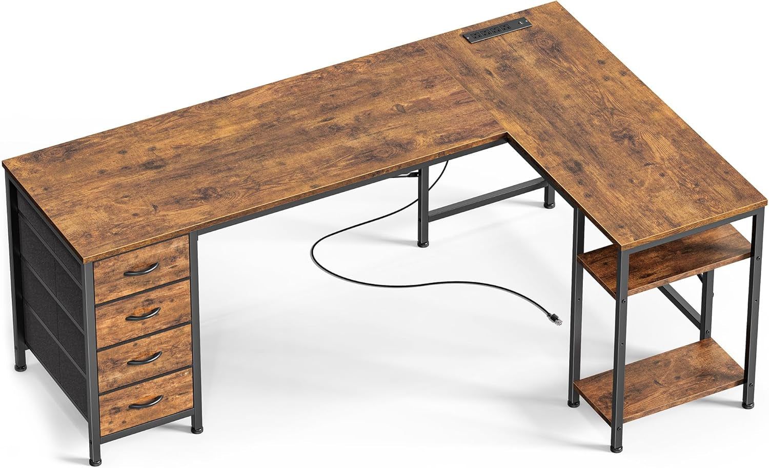 63 Inch L Shaped Desk with Fabric Drawers, Reversible Computer Gaming Desk with Power Outlets and USB-C Port, Adjustable Side Storage Shelves, for Work Study Corner Home Office, Rustic Brown