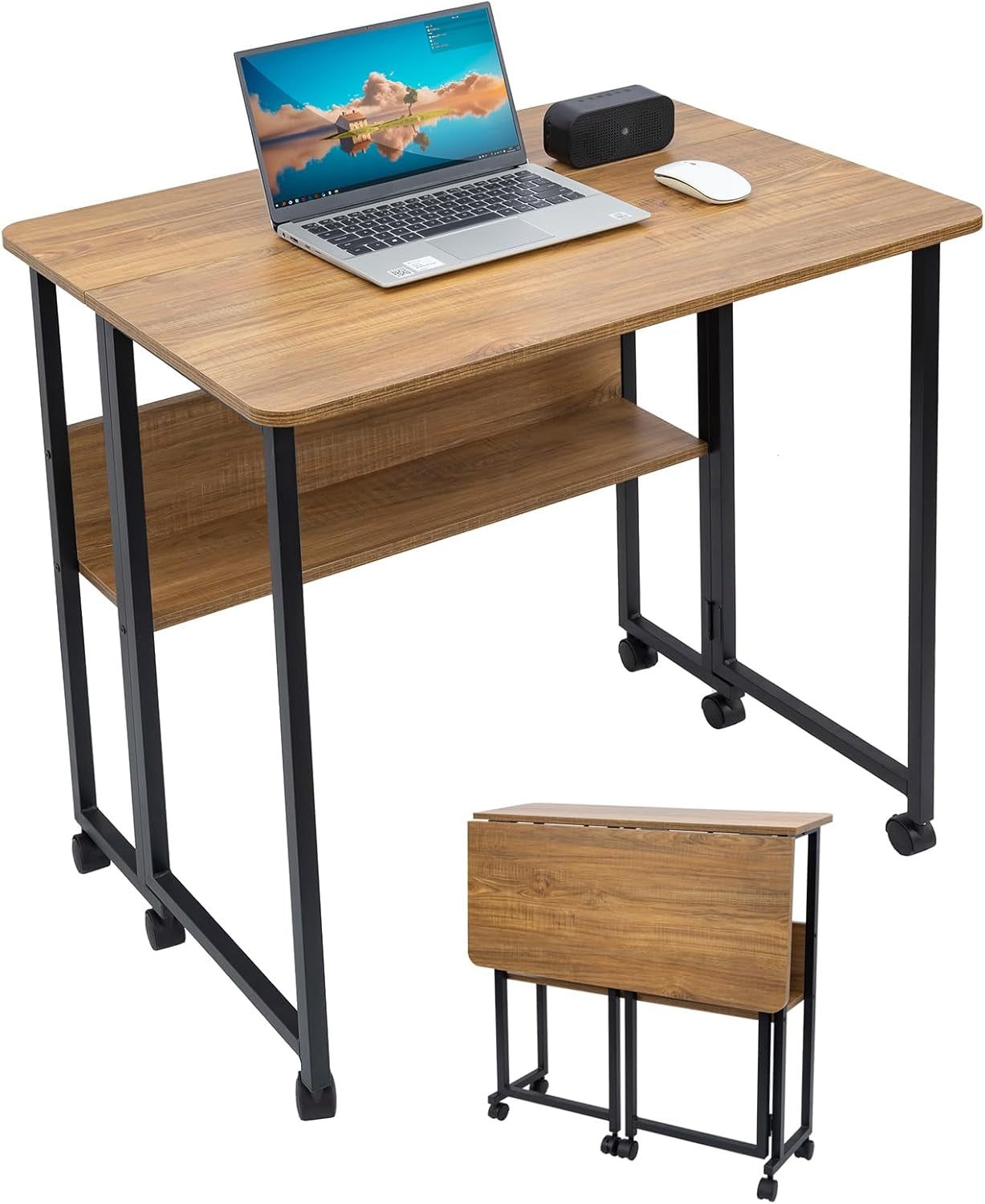 Mobile Foldable Desk W/ 6 Wheels,Portable Rolling Small Computer Desk W/Storage Shelves, Folding Desks for Small Spaces, Computer Table for Home Office Bedroom Living Room-Brown