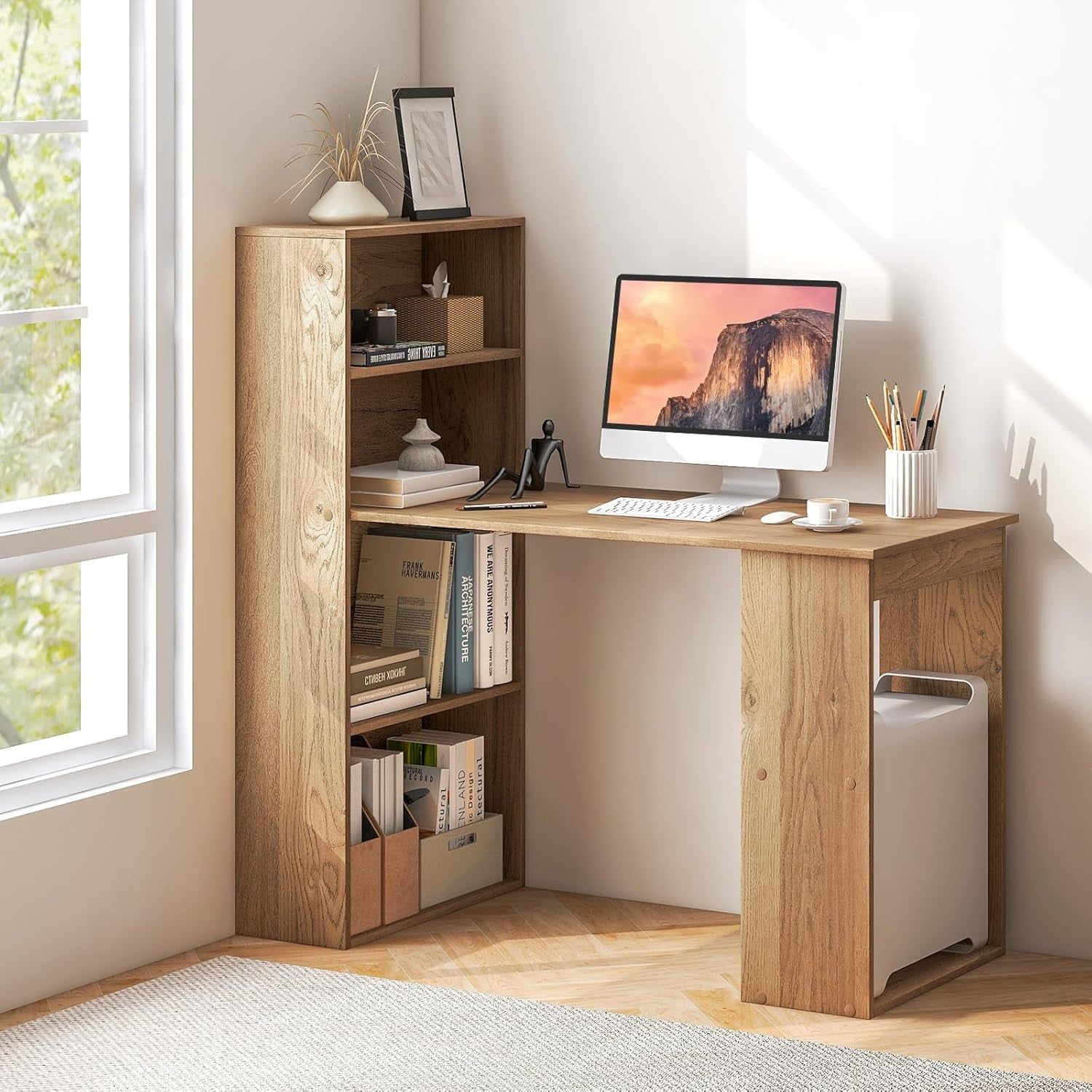 Modern Compact Computer Desk with Storage Shelves and Workstation