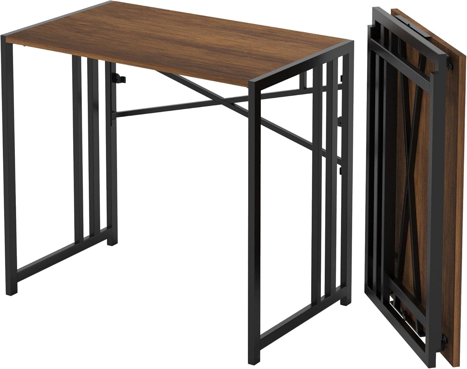 35 Inch Folding Small Desk, Writing Gaming Computer Camping Desk for Small Spaces, No Assembly Required Home Office Table, Mahogany
