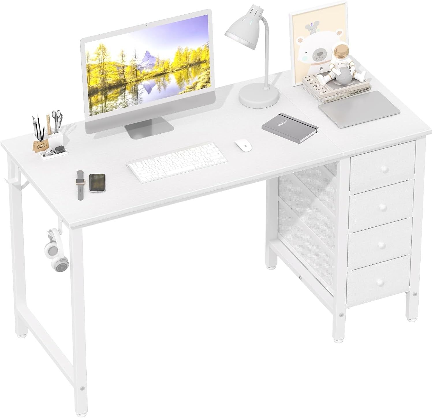 White Computer Desk with Fabric Drawers, 47 Inch Reversible Study Work Writing Desk for Home Office Bedroom, Simple Modern Cute PC Desks with Drawer, White