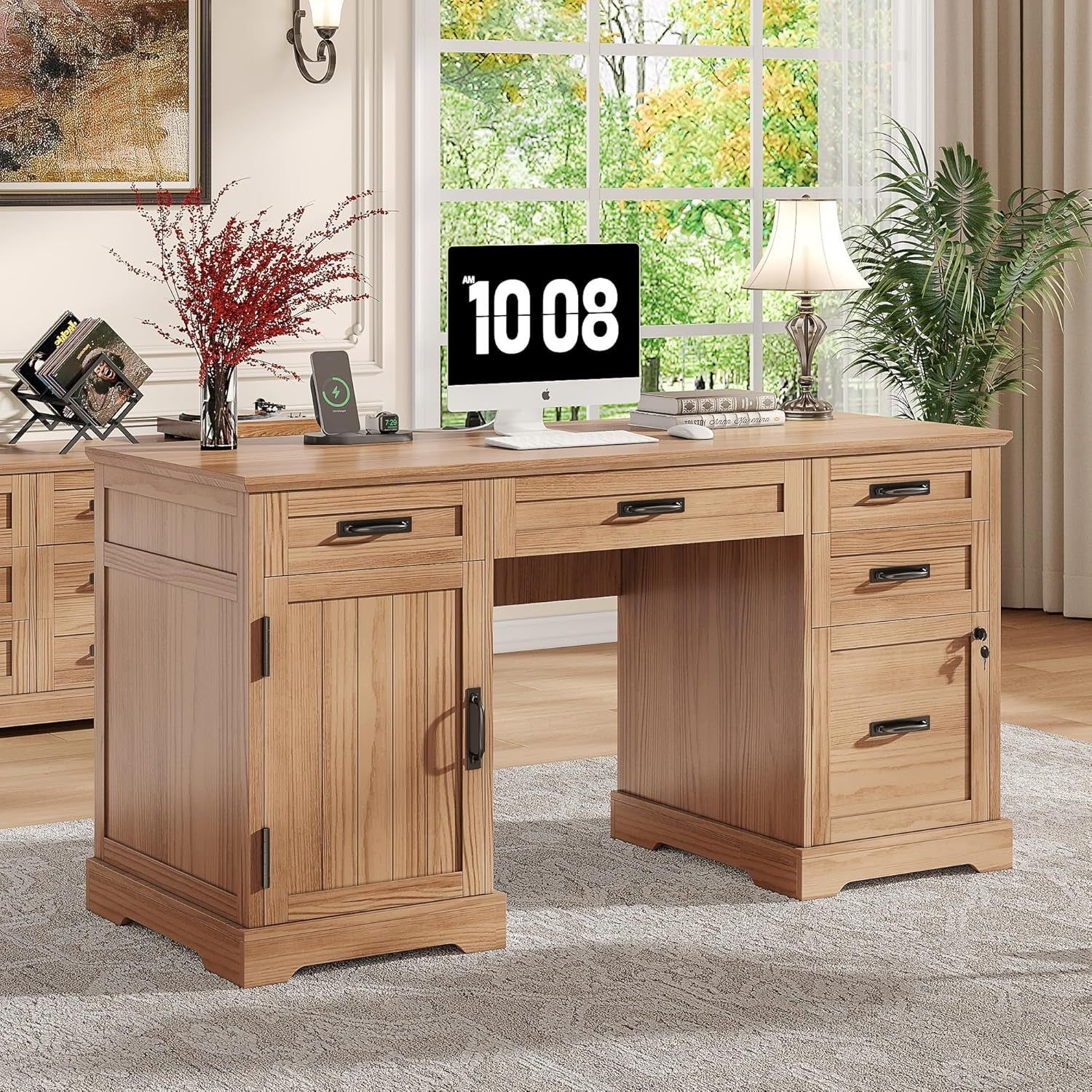 55&#39;&#39; Farmhouse Executive Desk, Home Office Desk with Drawers, Wood Computert Desk with File Cabinet and Power Outlets, Walnut