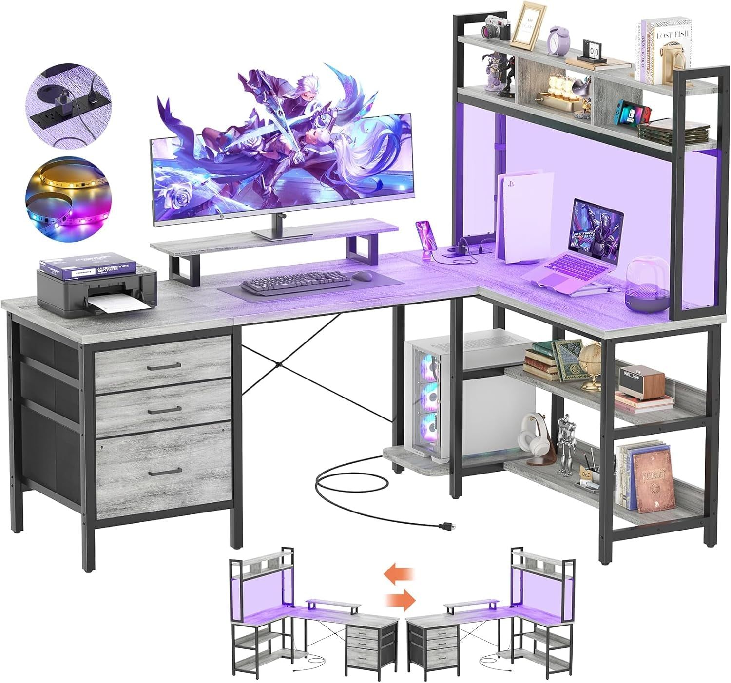 L Shaped Desk with Hutch, Gaming Desk with Led Lights, Reversible Computer Desk with Power Outlet, Corner Desk with File Drawer &amp; Monitor Stand, Storage Shelves for Home Office, White Oak