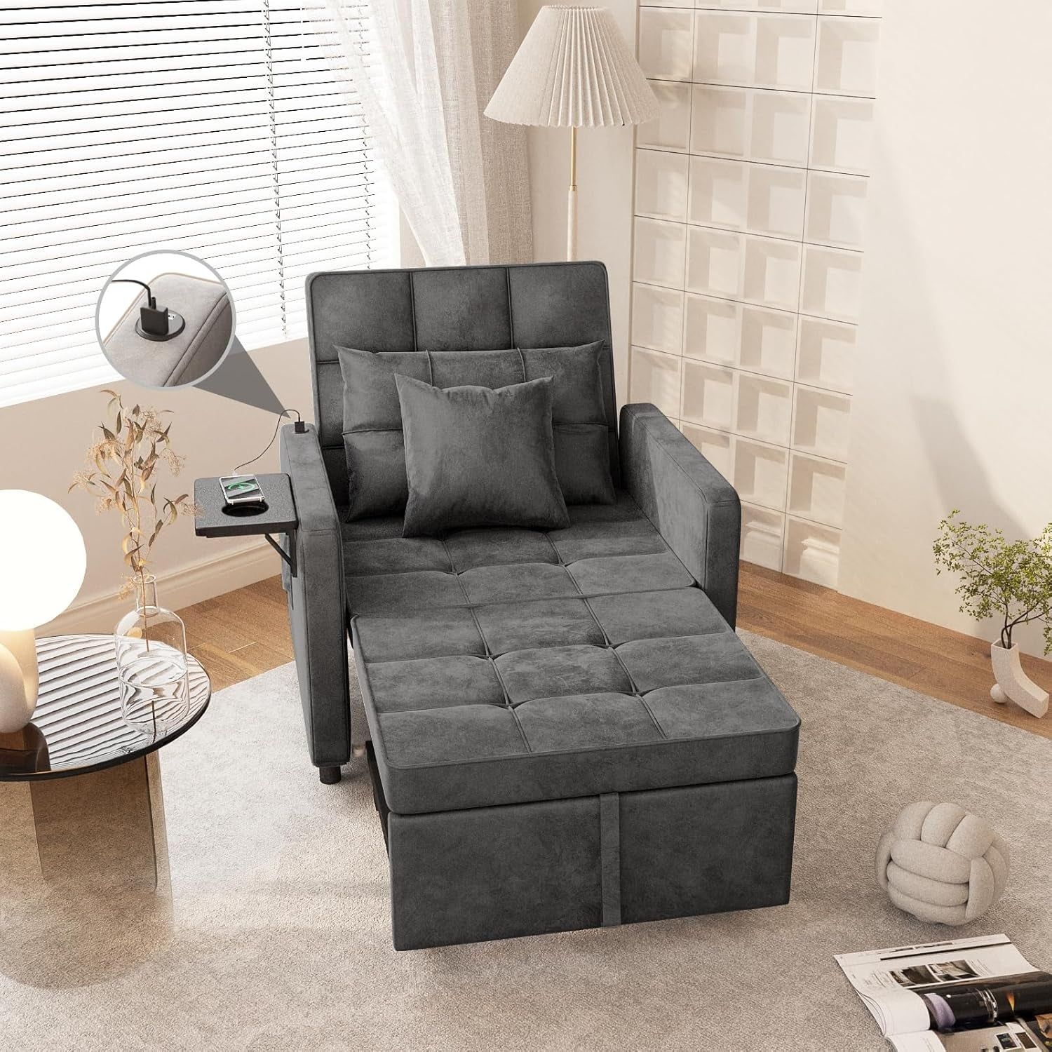 3 In 1 Velvet Sofa Bed with Adjustable Backrest
