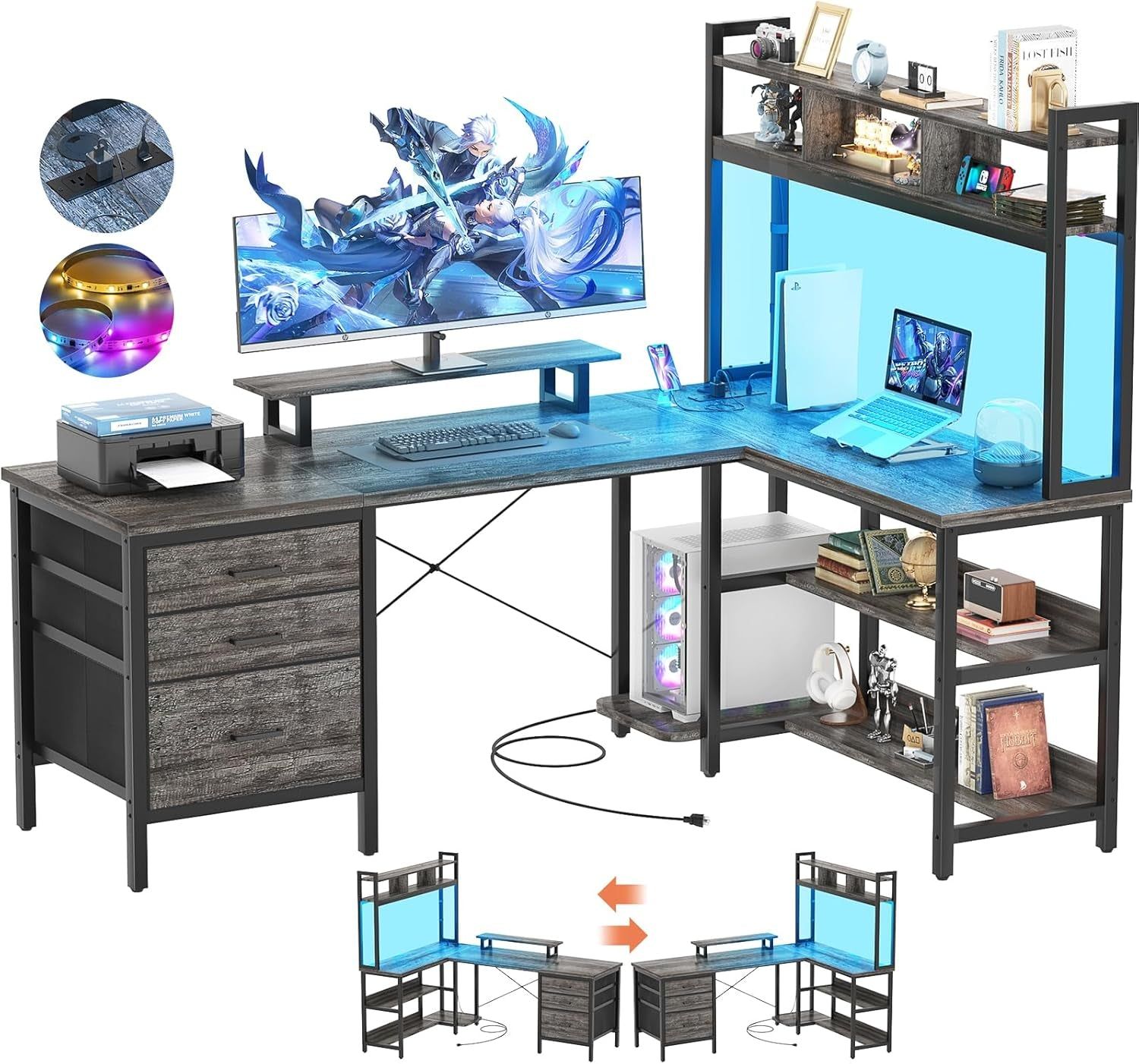 L Shaped Desk with Hutch, Gaming Desk with Led Lights, Reversible Computer Desk with Power Outlet, Corner Desk with File Drawer &amp; Monitor Stand, Storage Shelves for Home Office, Black Oak