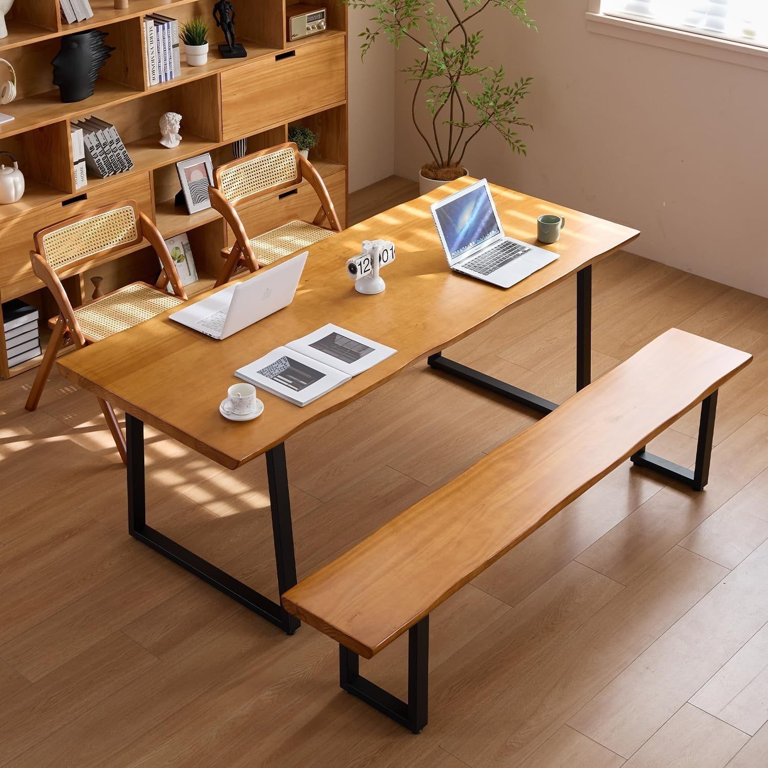 Solid Wood Administrative Computer Desk - Rustic Style Large Office Desk, Modern Minimalist Workstation for Home, Ideal for Learning, Writing, and Professional Use (Dark Yellow, 78.74In)