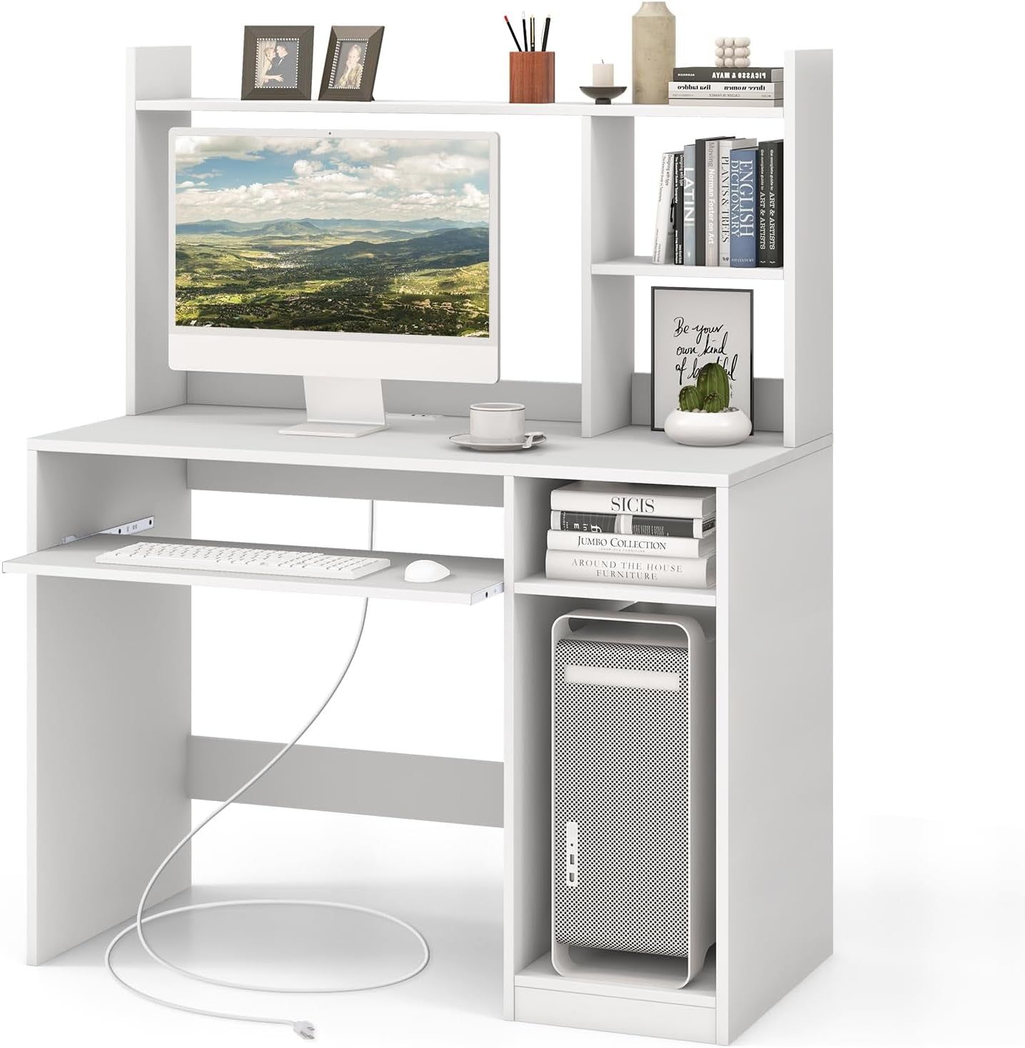 White Desk with Hutch &amp;Charging Station, Home Office Desk with Keyboard Tray &amp; CPU Stand, Modern Laptop PC Desk, Space-Saving Writing Study Desk with Bookshelf, Ideal for Dorm Bedroom