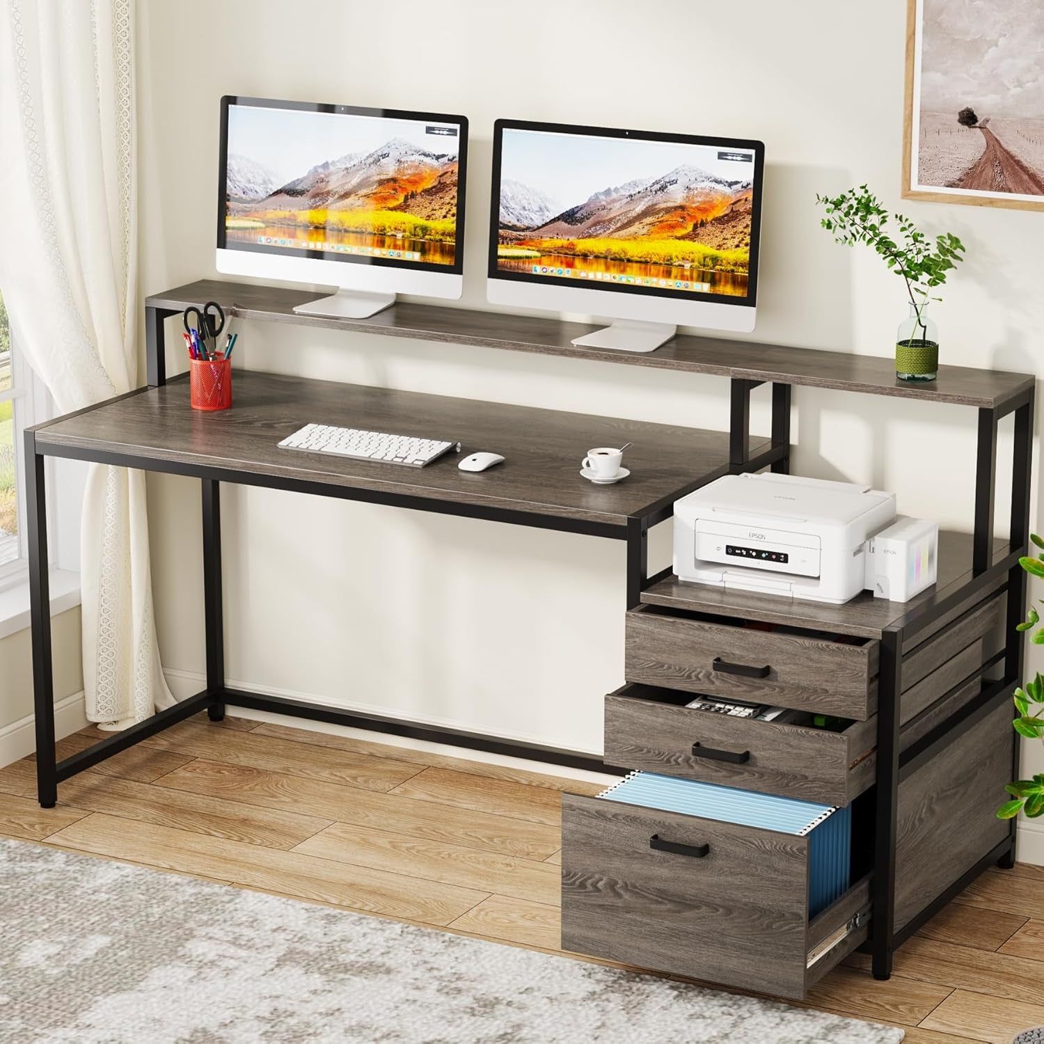 63 Inch Computer Desk with File Drawer Cabinet, Ergonomic Office Desk with Monitor Stand, Industrial Computer Table with Printer Space, Wood PC Table Workstation Desk for Home Office