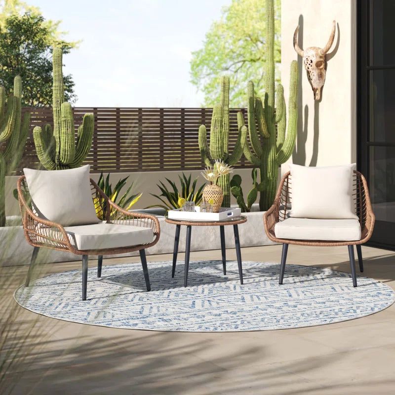 Boho Rattan Set With Cushioned Armchairs And Table