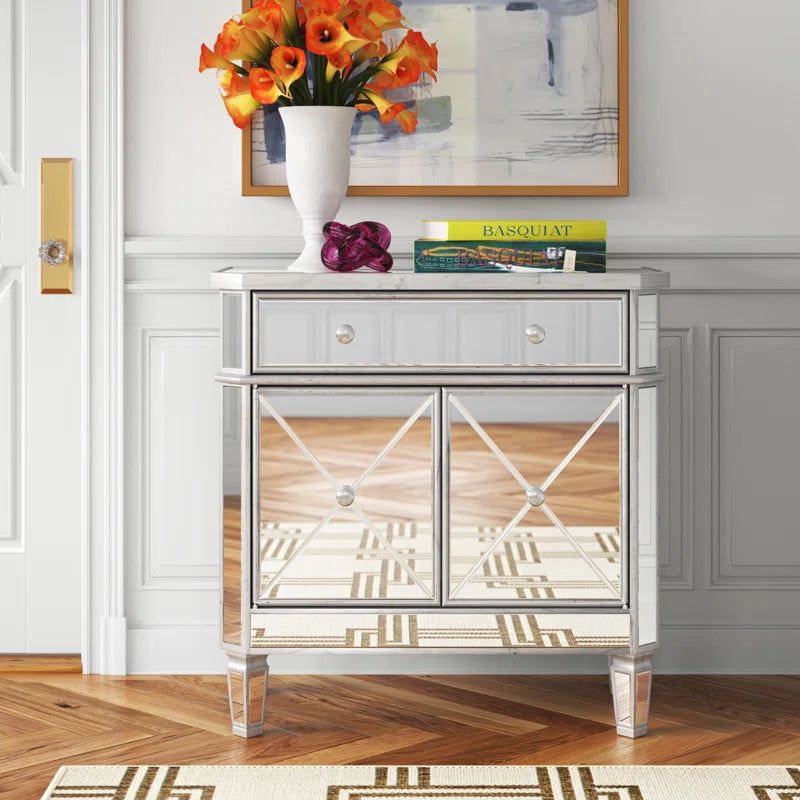 Unfinished Mirrored Sleek Accent Cabinet With Glass Panels