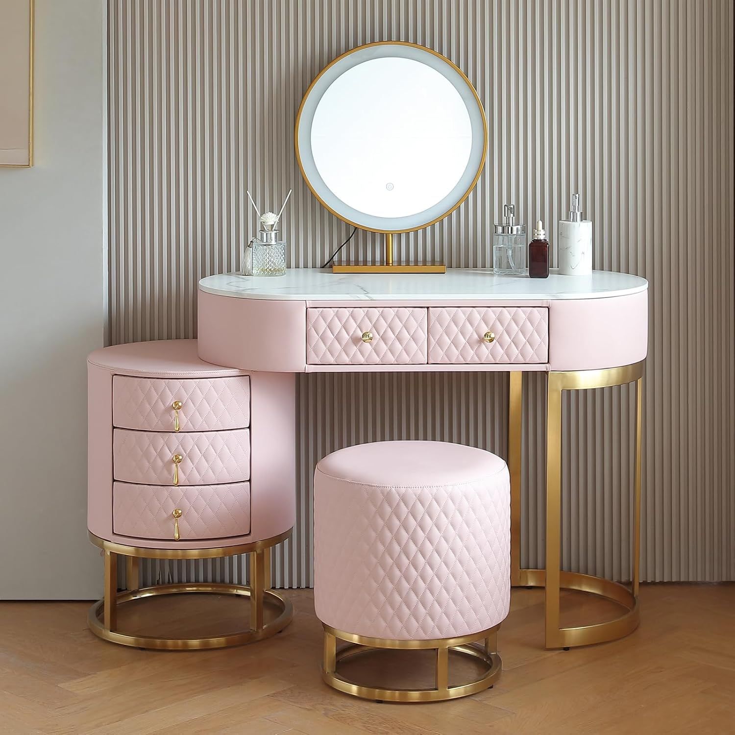 Pink Vanity Desk Set LED Mirror Storage Stool