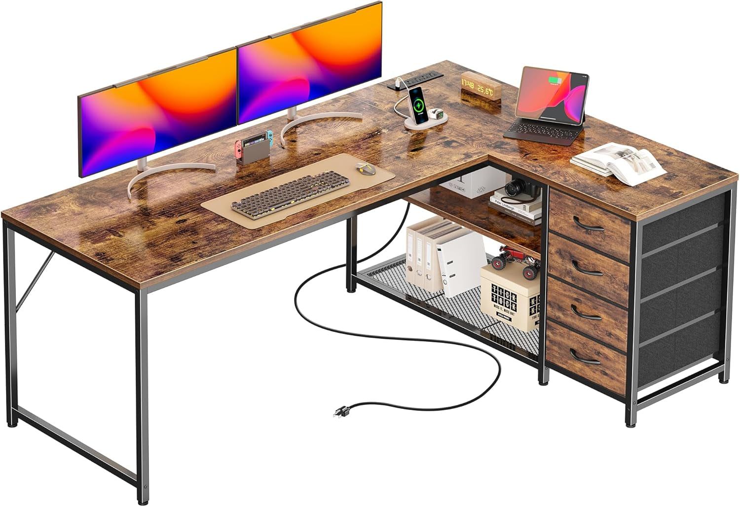 61 Inch L Shaped Desk With USB C Port And Power Outlets