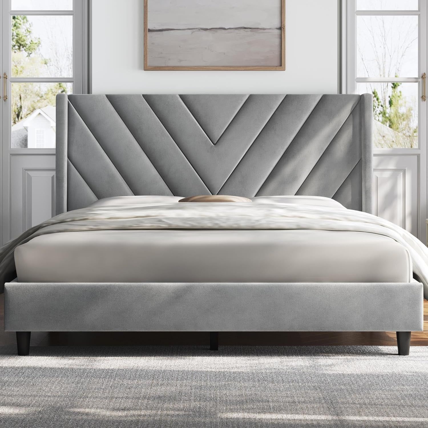Queen Upholstered Bed Frame With Winged Tufted Headboard