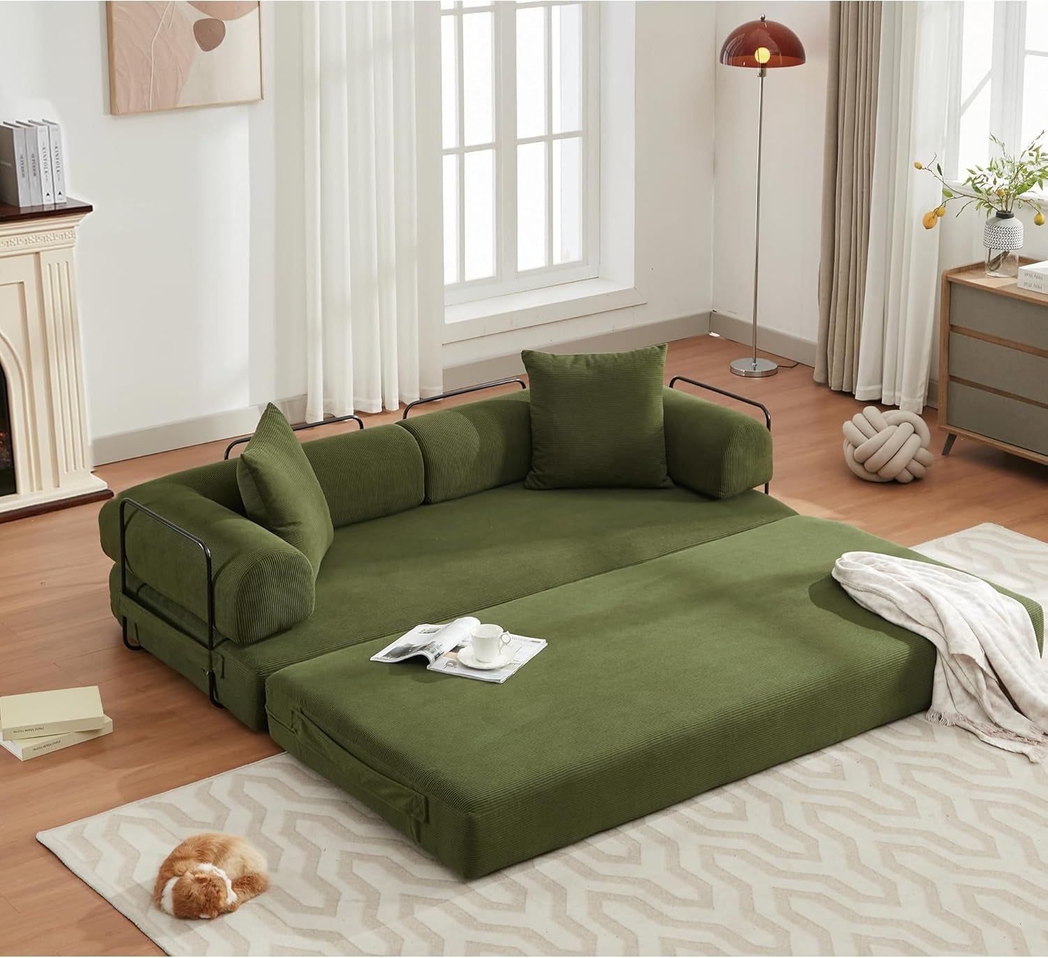 Convertible Sleeper Sofa Bed Corduroy Green Floor Lounge