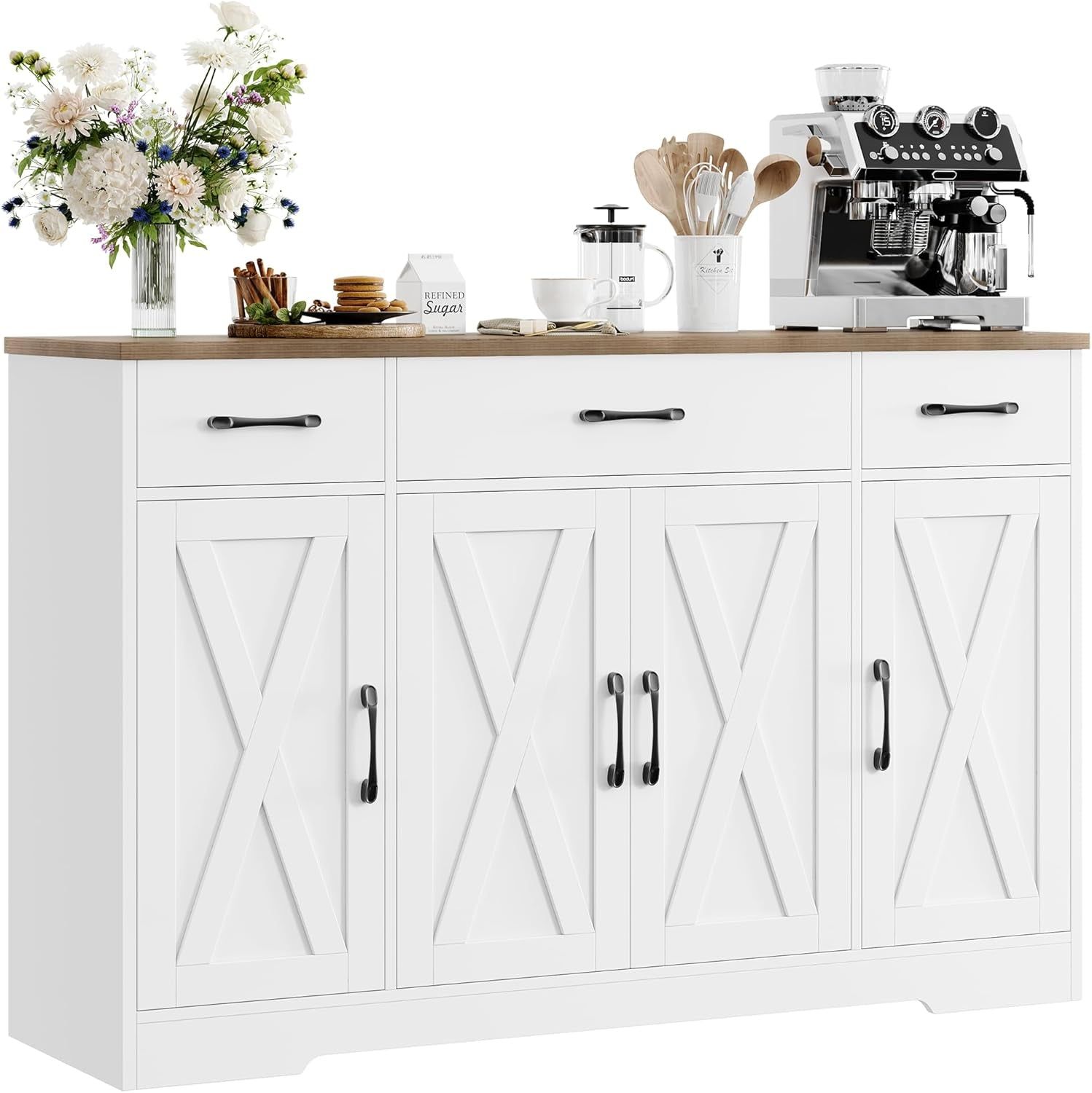 Buffet Cabinet Rustic White 55Inch SolidWood Hardwood
