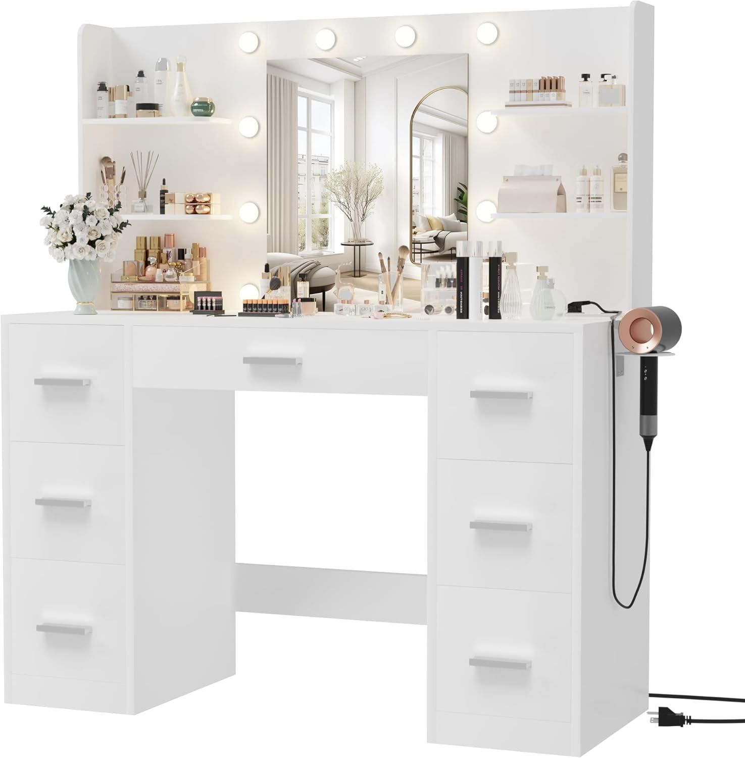 Contemporary White Vanity Desk With Mirror Storage